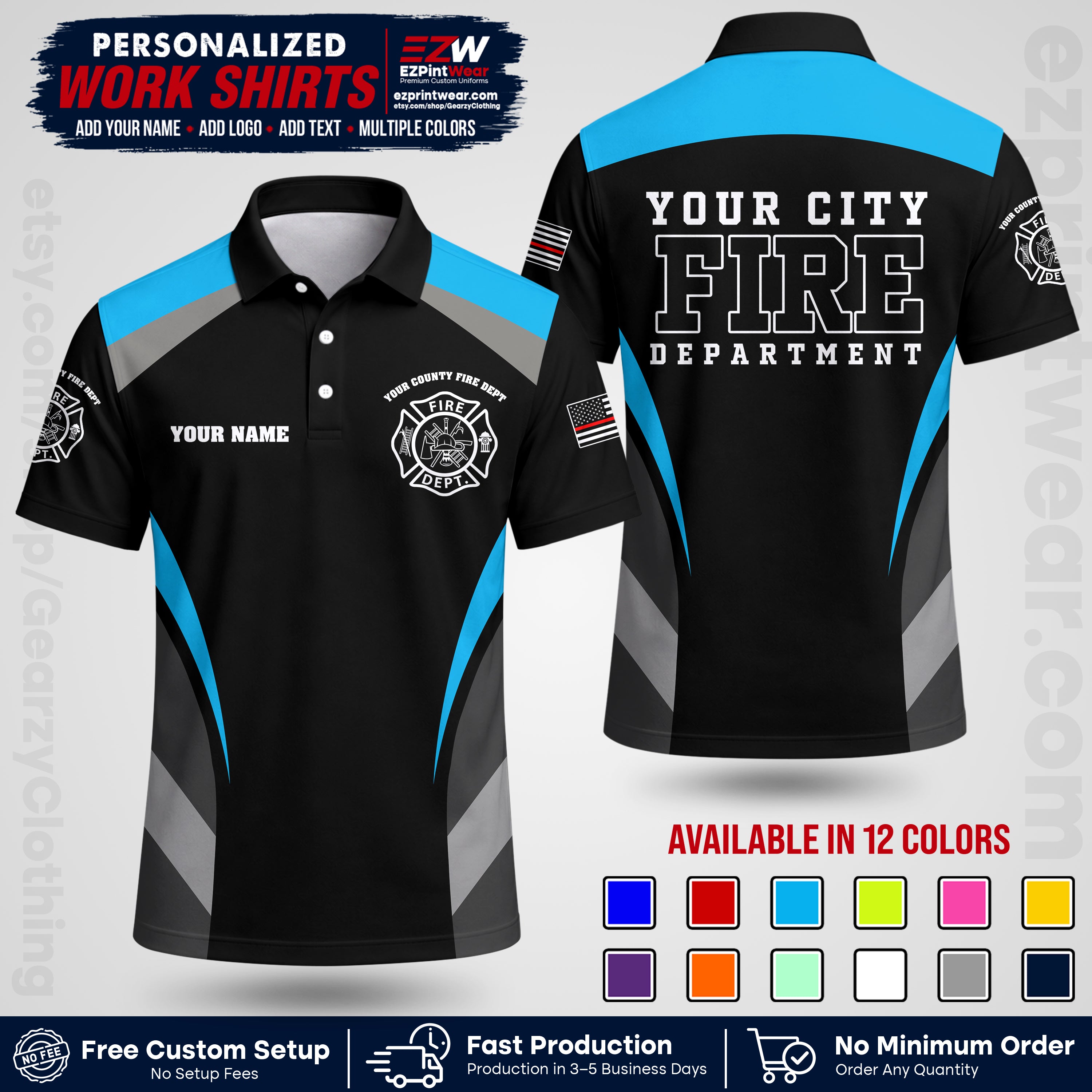 Custom Fire Department Shirt with Name, City Logo & Text | Firefighter Uniform | Button Up Work Shirt FF02