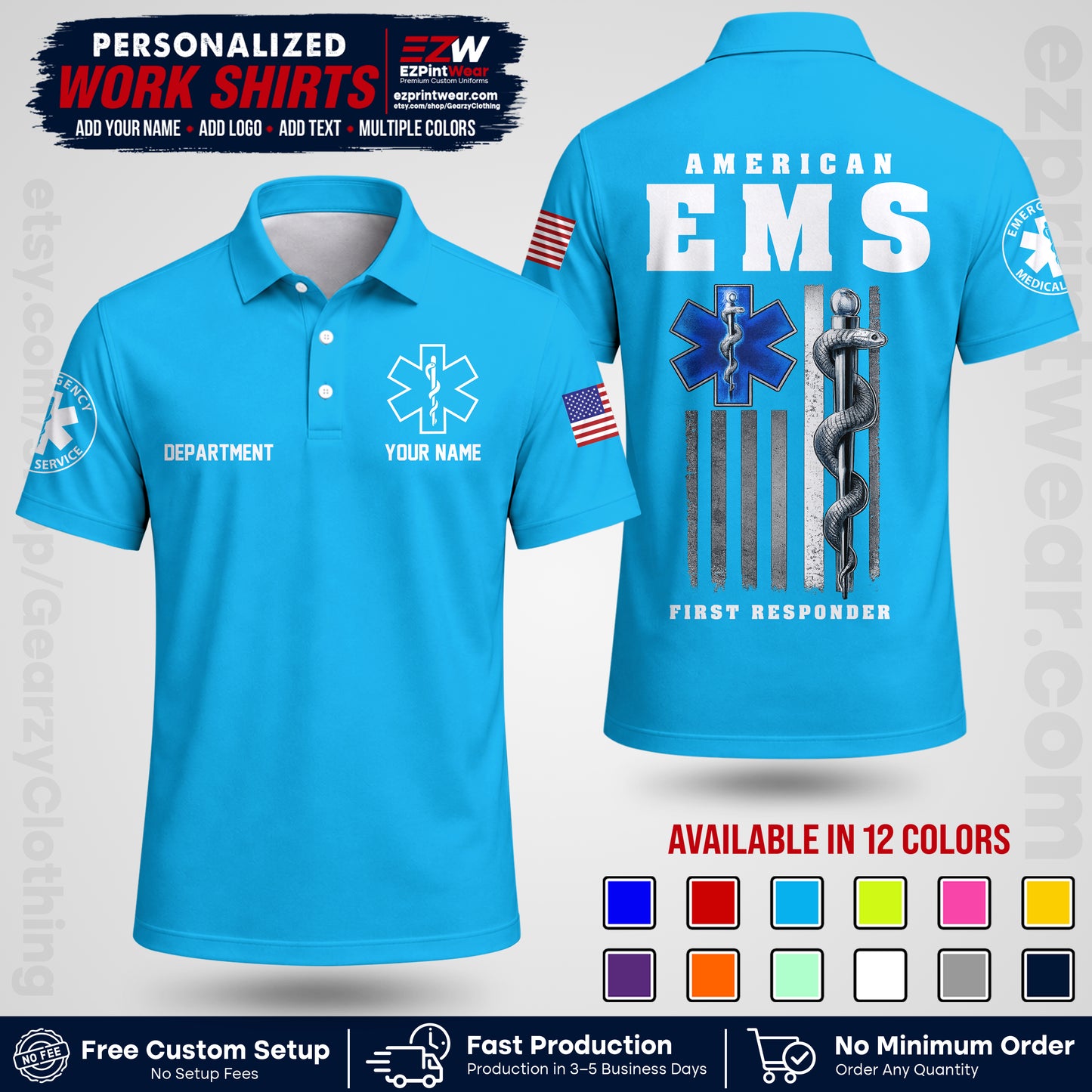 Custom EMS Shirt with Name, Logo & Text | EMS Team Uniform | First Responder Workwear EMSU03