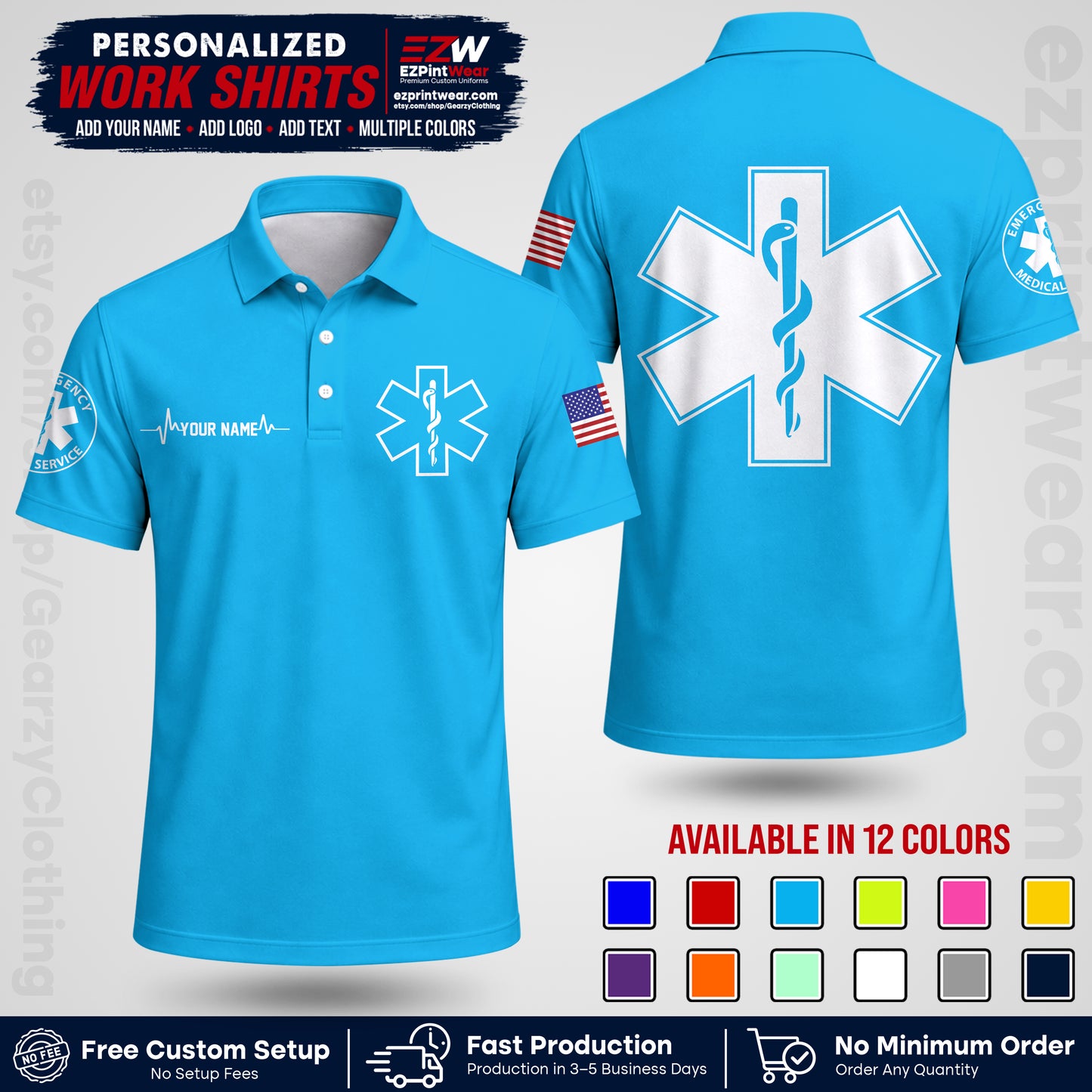 Custom EMS Shirt with Name, Logo & Text | EMS Team Uniform | First Responder Workwear EMSU04