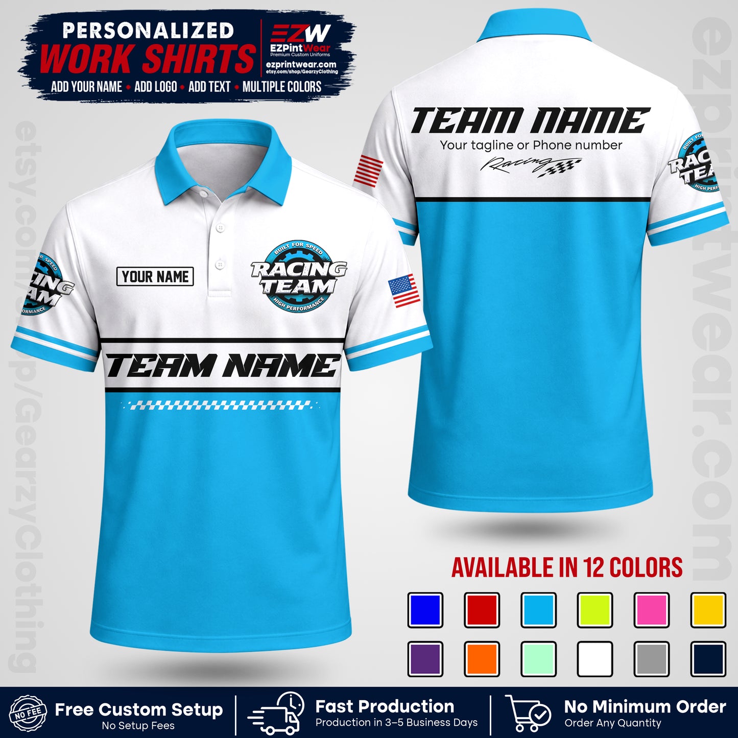 Custom Racing Shirt with Name, Logo & Text | Race Team Uniform | Crew Apparel RC12