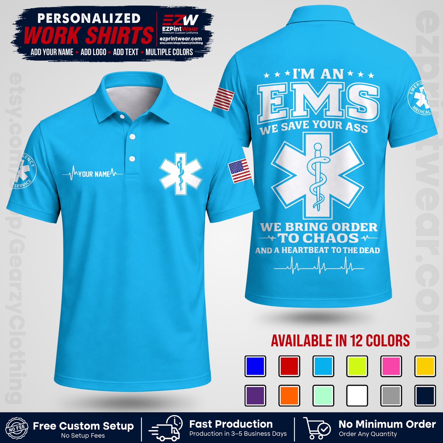 Custom EMS Shirt with Name, Logo & Text | EMS Team Uniform | First Responder Workwear EMSU05