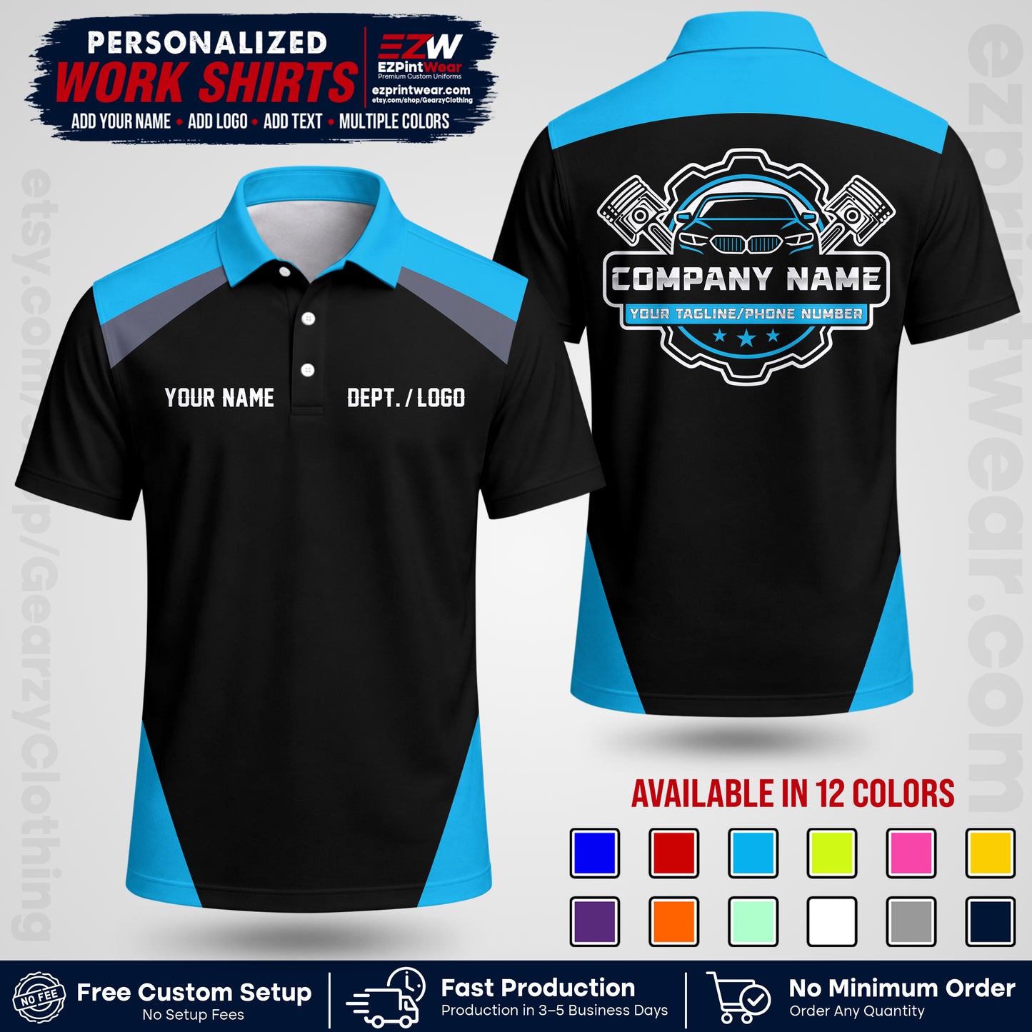 Custom Mechanic Work Shirt with Name, Logo & Text | Auto Shop Uniform | Workwear MCN 03
