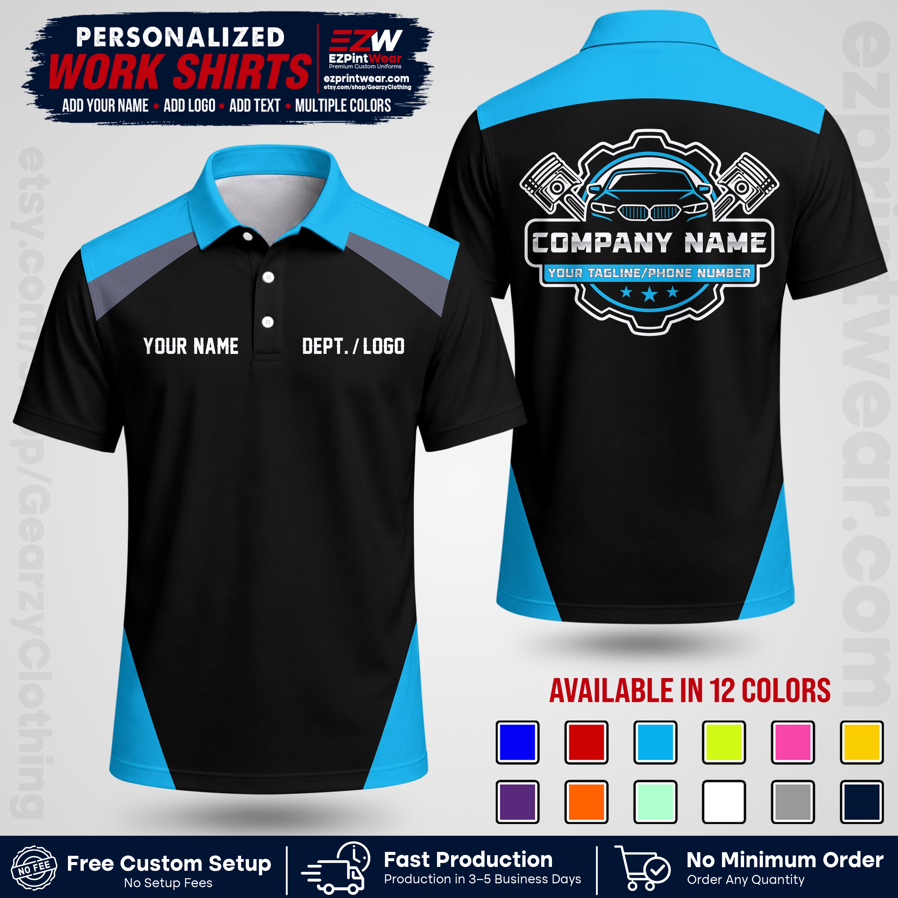 Custom Mechanic Work Shirt with Name, Logo & Text | Auto Shop Uniform | Workwear MCN 03