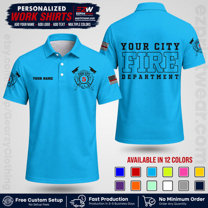 Custom Fire Department Shirt with Name, City Logo & Text | Firefighter Uniform | Button Up Work Shirt FF07