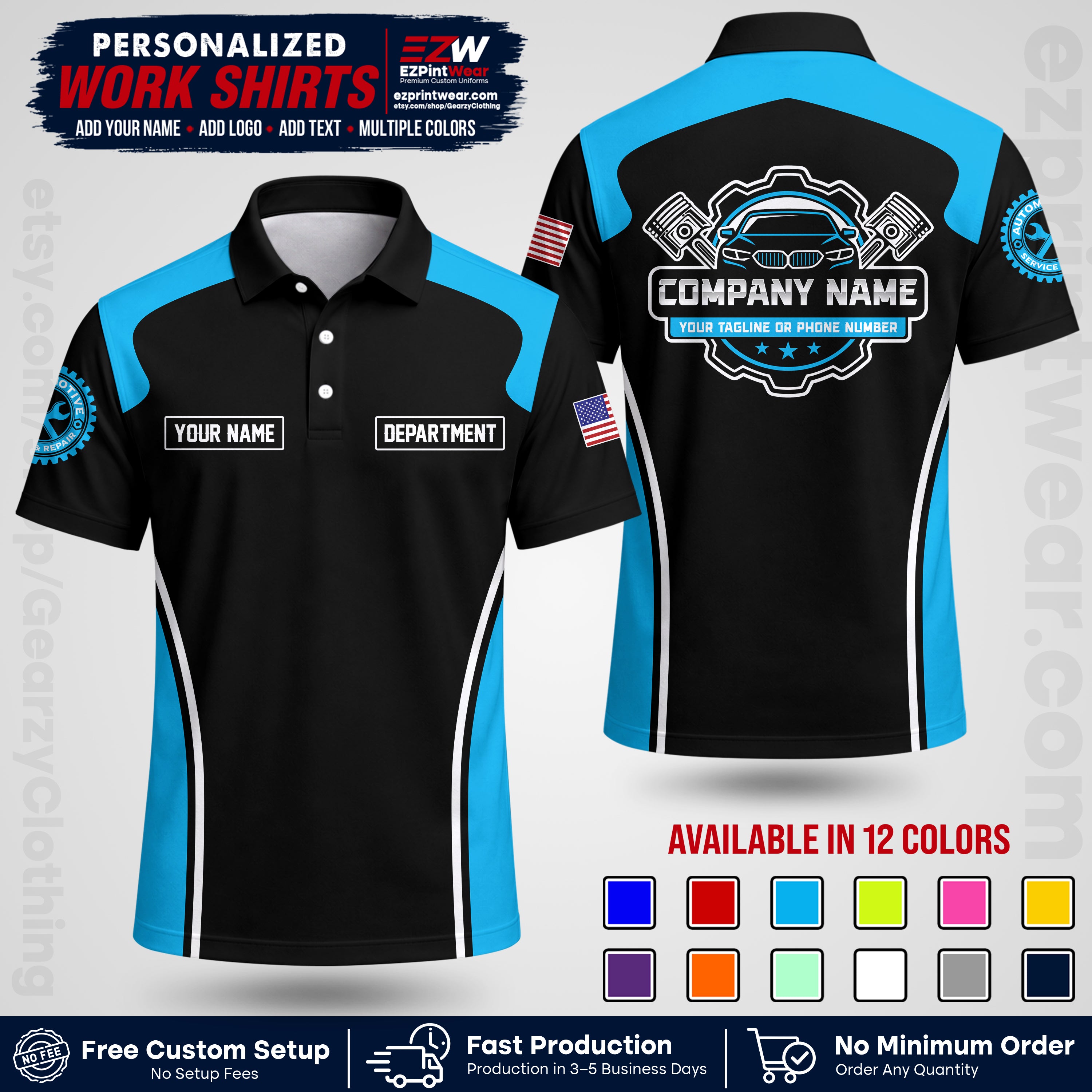Custom Mechanic Work Shirt with Name, Logo & Text | Auto Shop Uniform | Workwear MCN 10