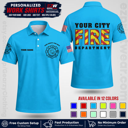 Custom Fire Department Shirt with Name, City Logo & Text | Firefighter Uniform | Button Up Work Shirt FF05
