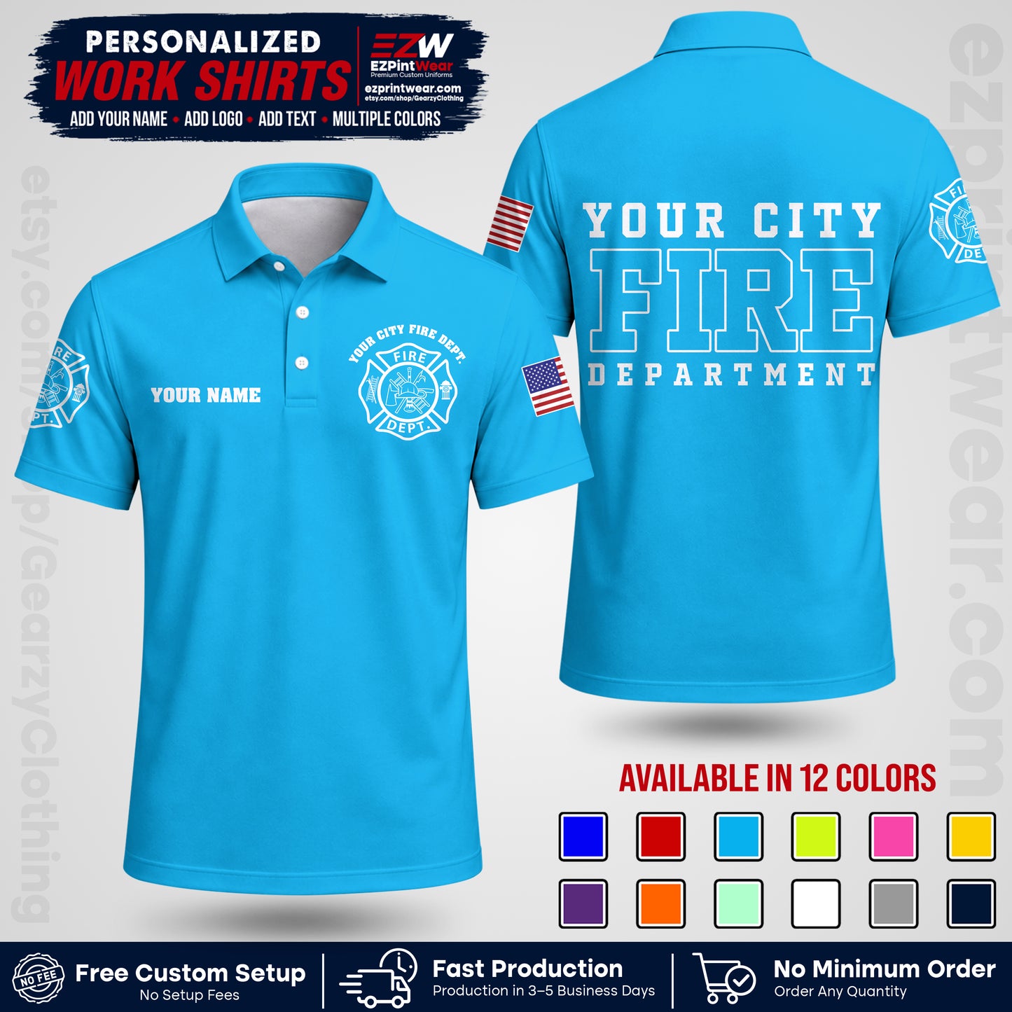 Custom Fire Department Shirt with Name, City Logo & Text | Firefighter Uniform | Button Up Work Shirt FF01