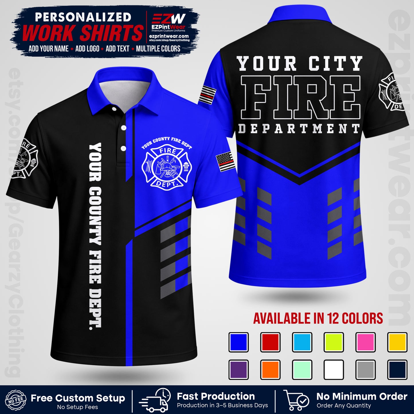 Custom Fire Department Shirt with Name, City Logo & Text | Firefighter Uniform | Button Up Work Shirt FF03