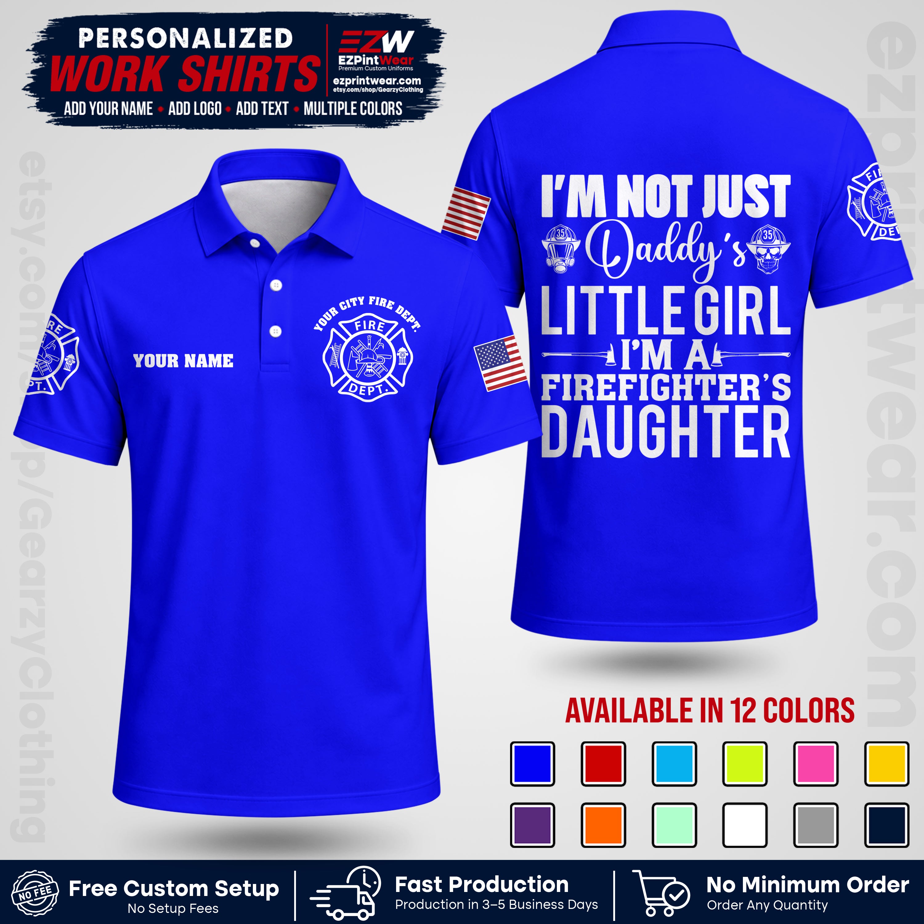 Custom Fire Department Shirt with Name, City Logo & Text | Firefighter Uniform | Button Up Work Shirt FF08