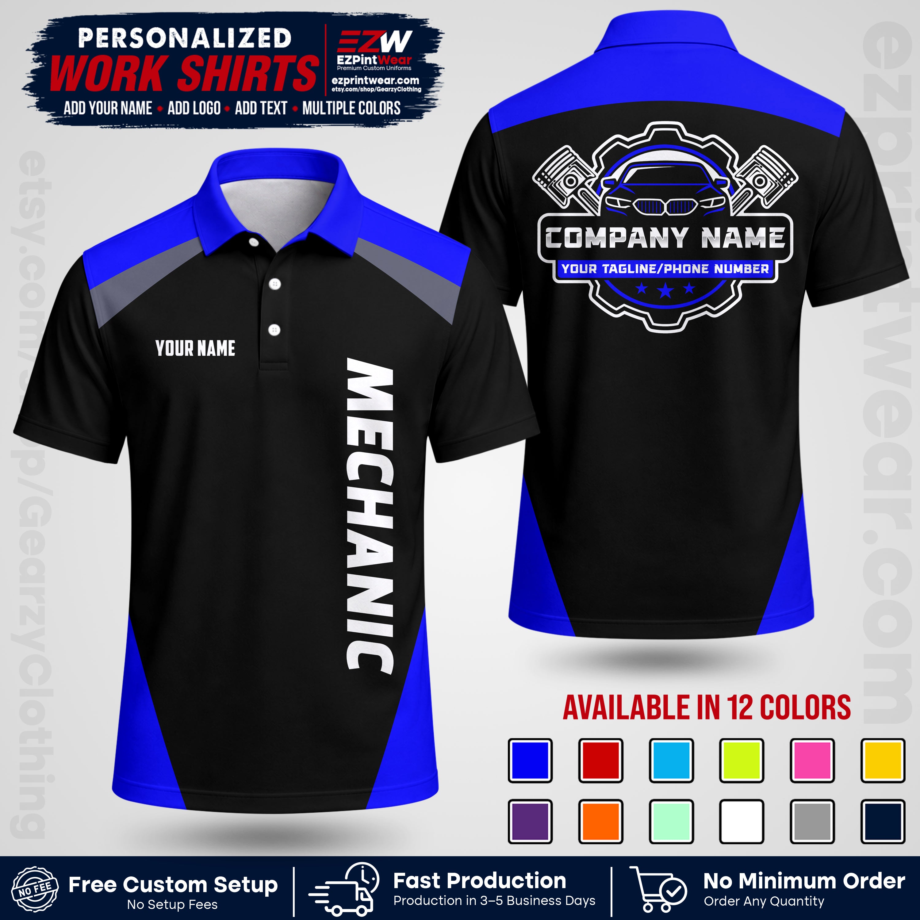 Custom Mechanic Work Shirt with Name, Logo & Text | Auto Shop Uniform | Workwear MCN 02