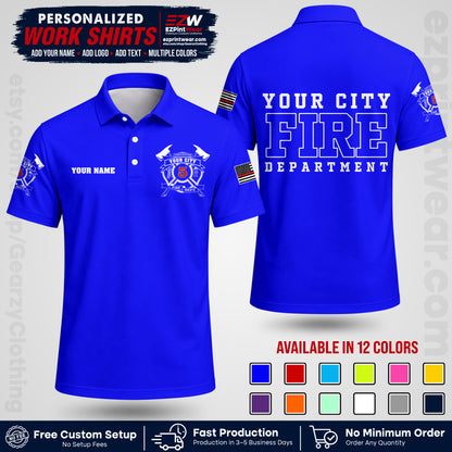 Custom Fire Department Shirt with Name, City Logo & Text | Firefighter Uniform | Button Up Work Shirt FF07
