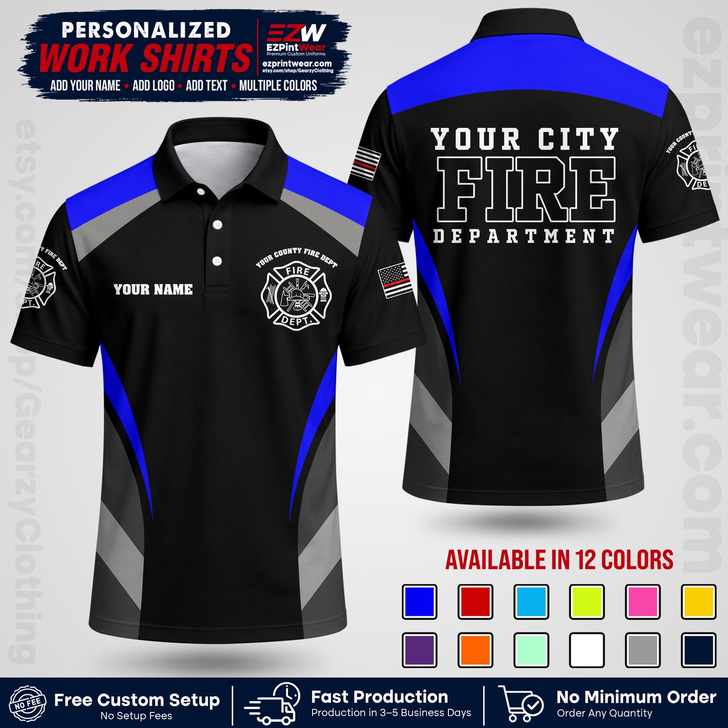 Custom Fire Department Shirt with Name, City Logo & Text | Firefighter Uniform | Button Up Work Shirt FF02