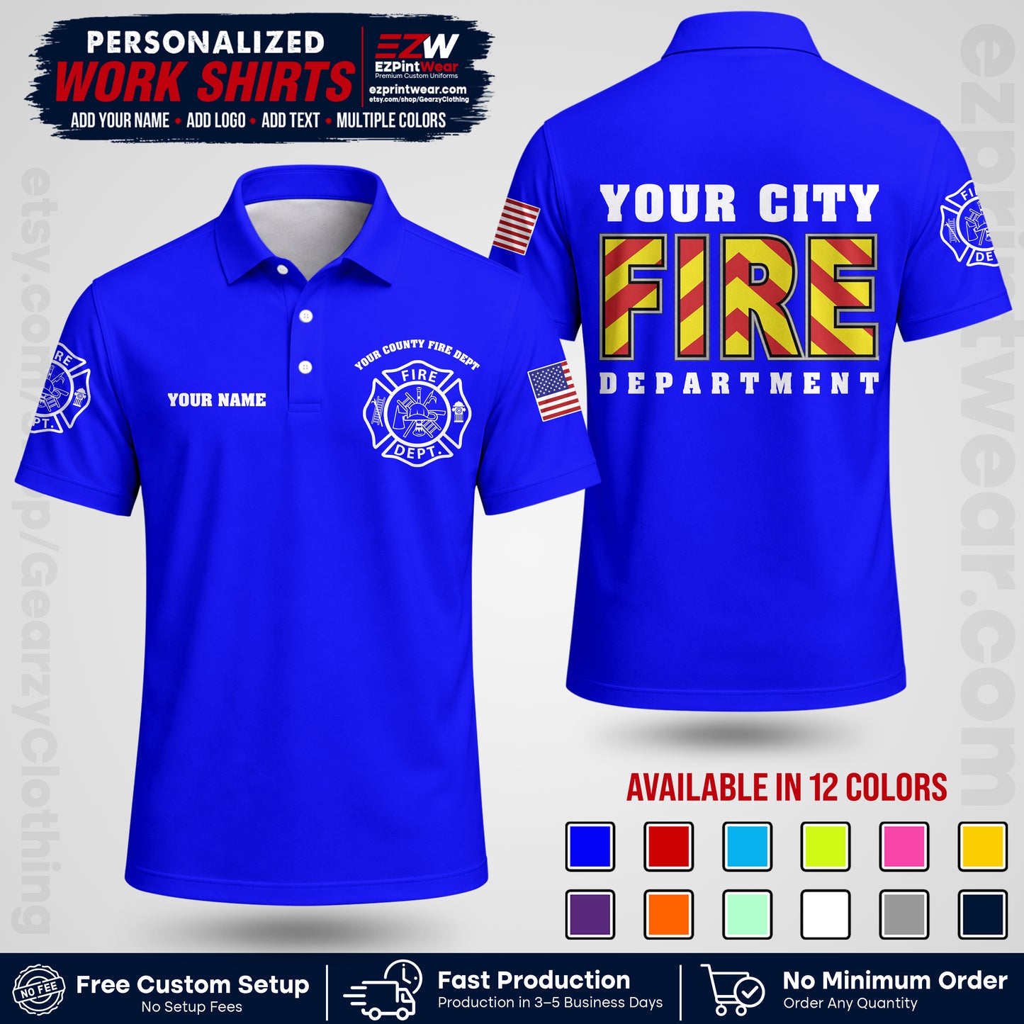 Custom Fire Department Shirt with Name, City Logo & Text | Firefighter Uniform | Button Up Work Shirt FF05