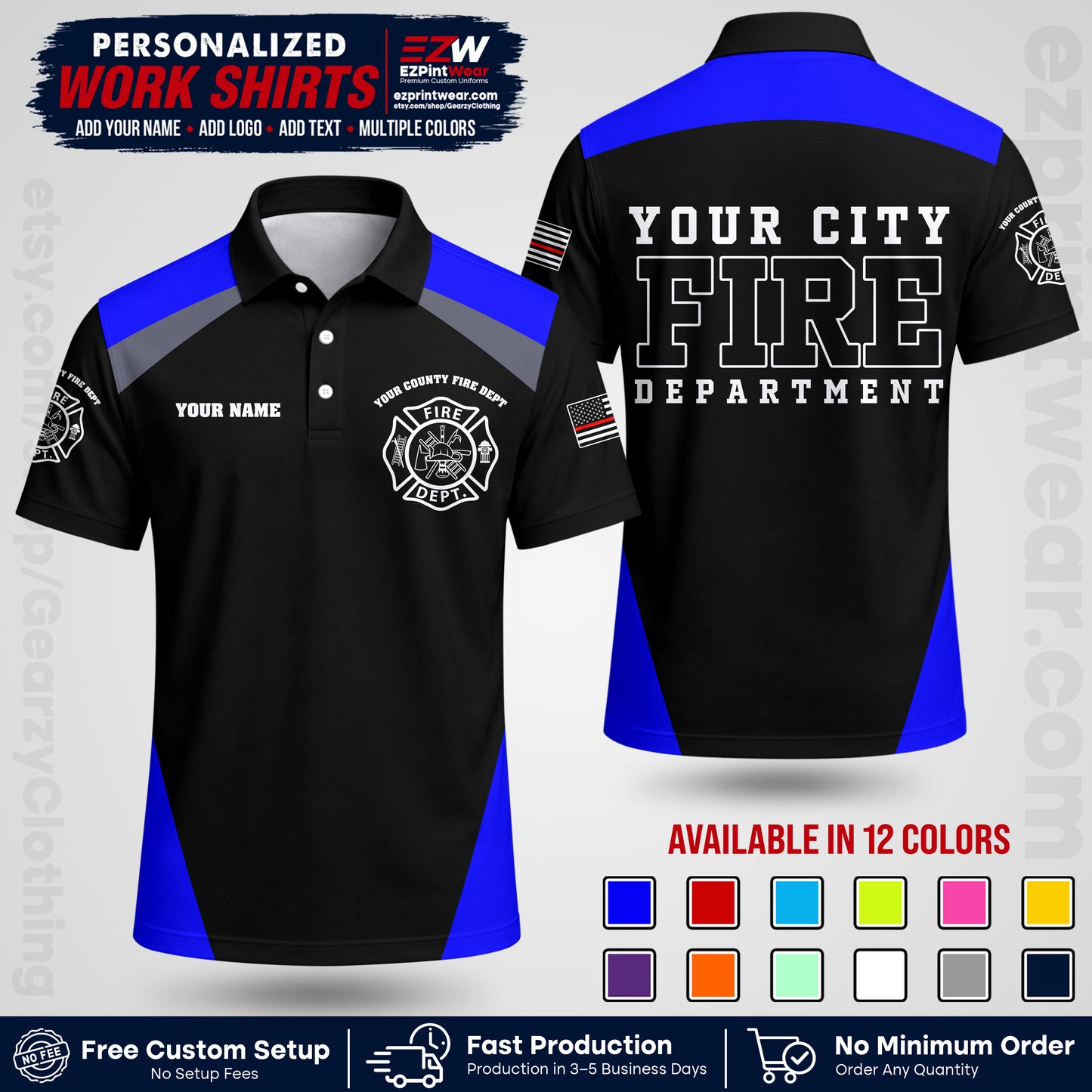 Custom Fire Department Shirt with Name, City Logo & Text | Firefighter Uniform | Button Up Work Shirt FF04