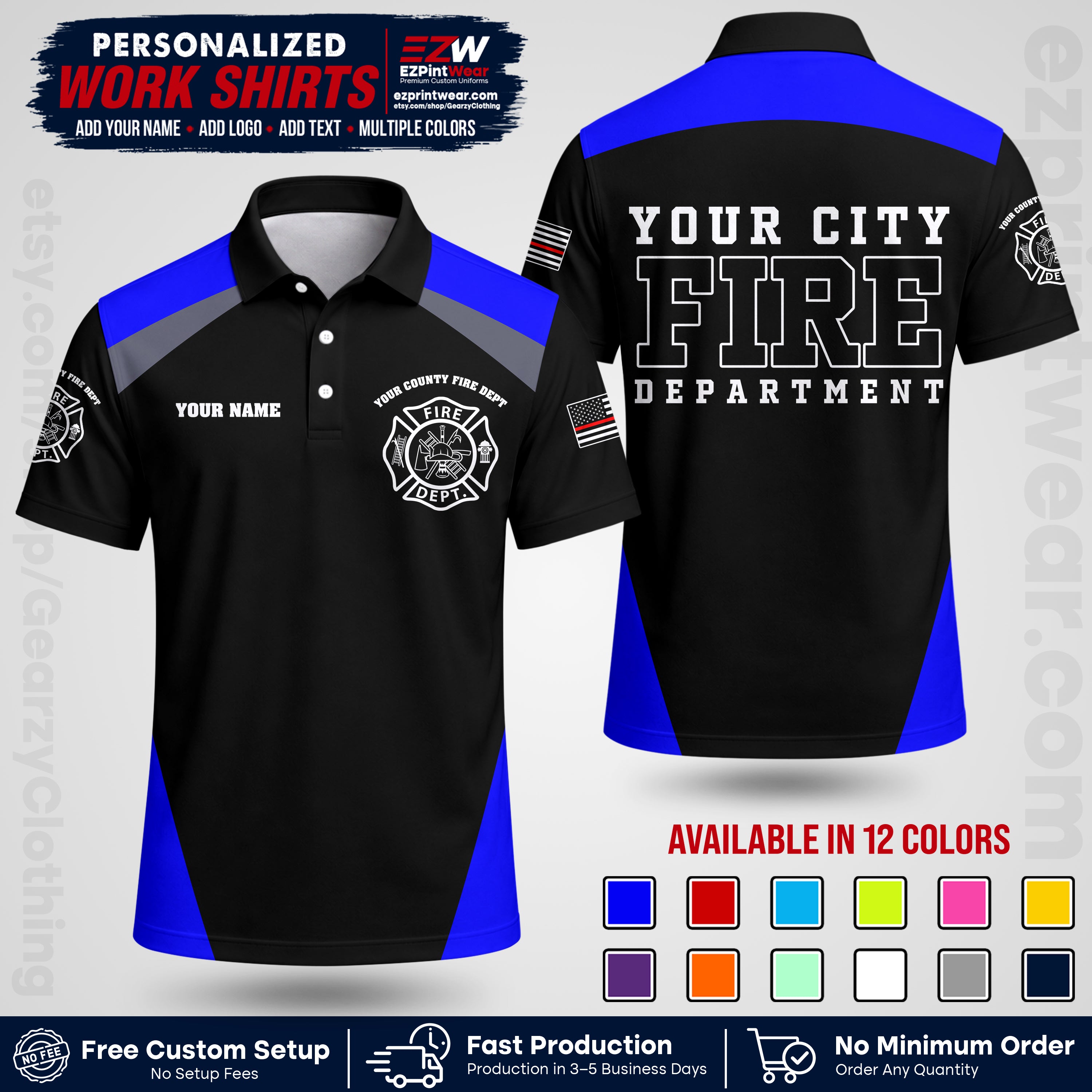 Custom Fire Department Shirt with Name, City Logo & Text | Firefighter Uniform | Button Up Work Shirt FF04