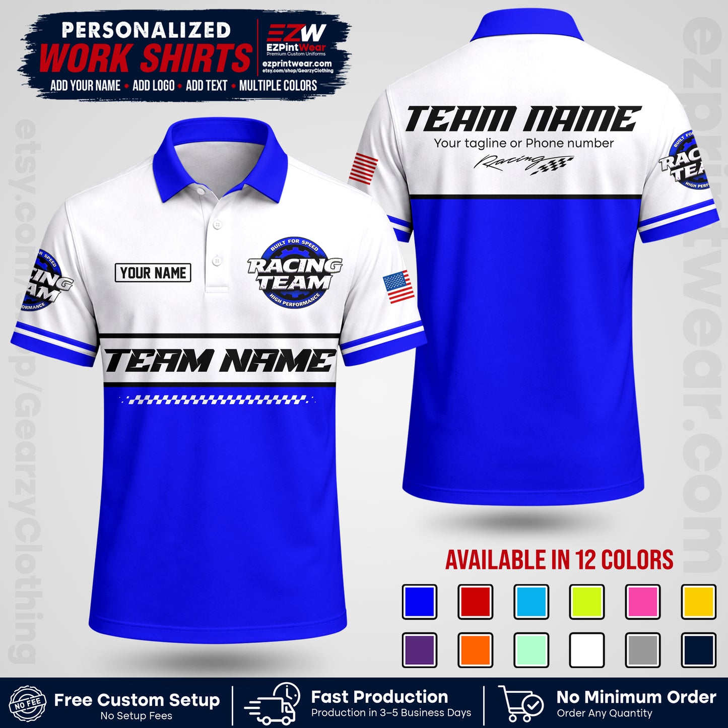 Custom Racing Shirt with Name, Logo & Text | Race Team Uniform | Crew Apparel RC12