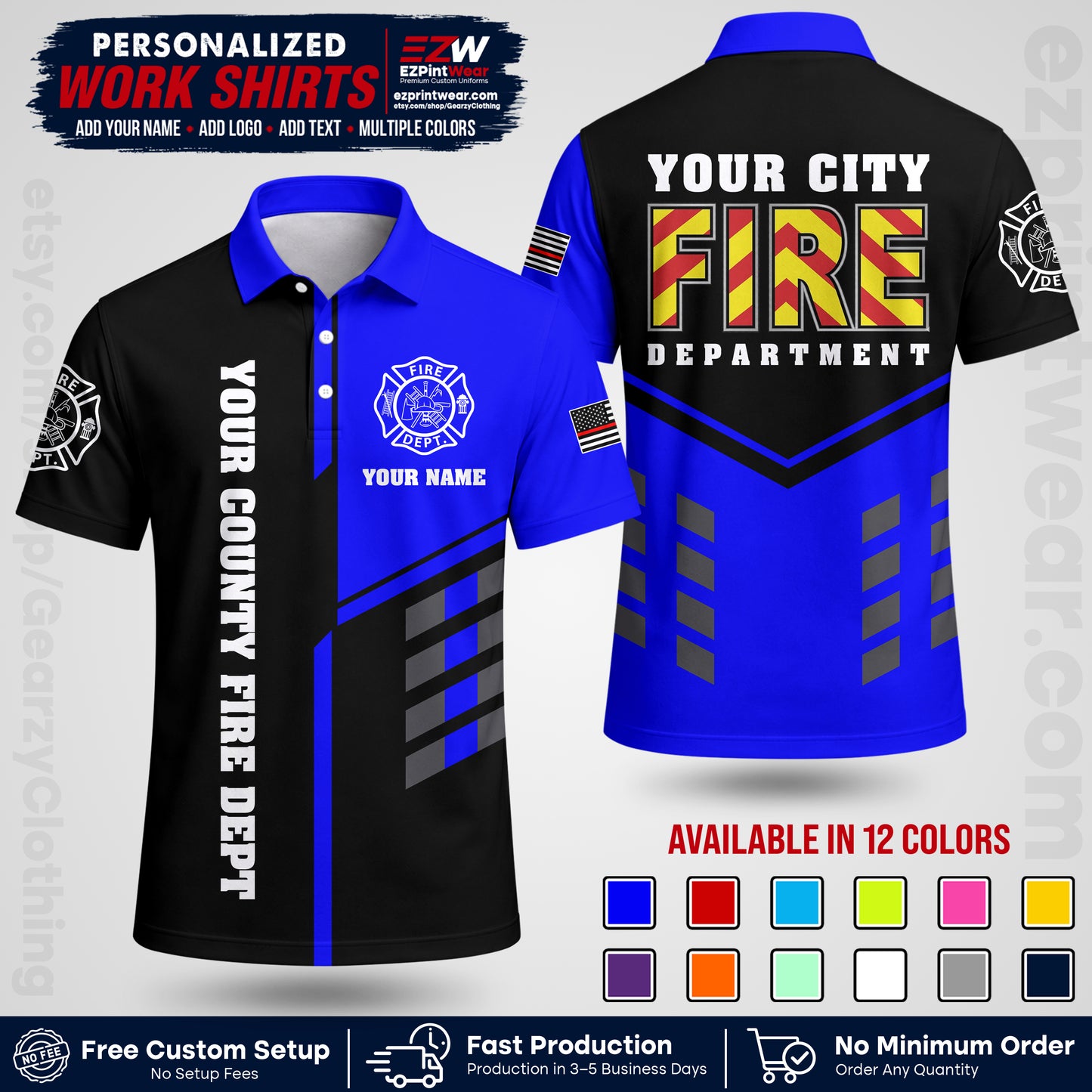 Custom Fire Department Shirt with Name, City Logo & Text | Firefighter Uniform | Button Up Work Shirt FF06