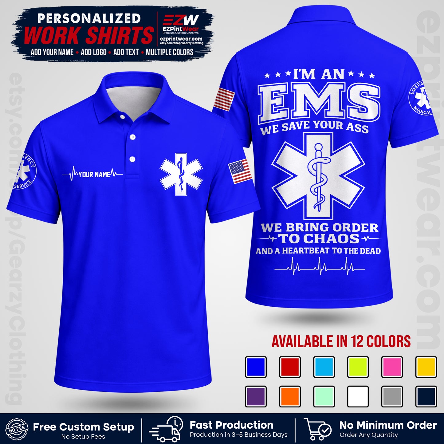 Custom EMS Shirt with Name, Logo & Text | EMS Team Uniform | First Responder Workwear EMSU05