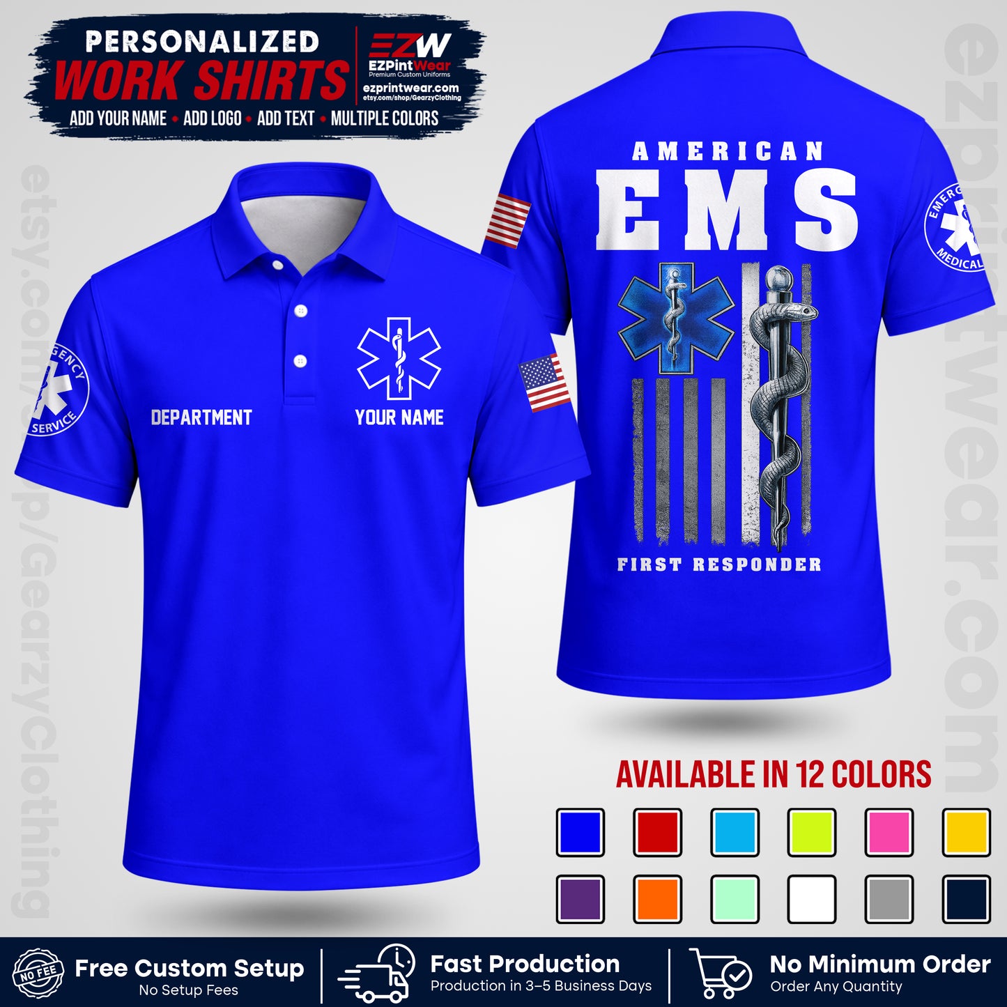 Custom EMS Shirt with Name, Logo & Text | EMS Team Uniform | First Responder Workwear EMSU03