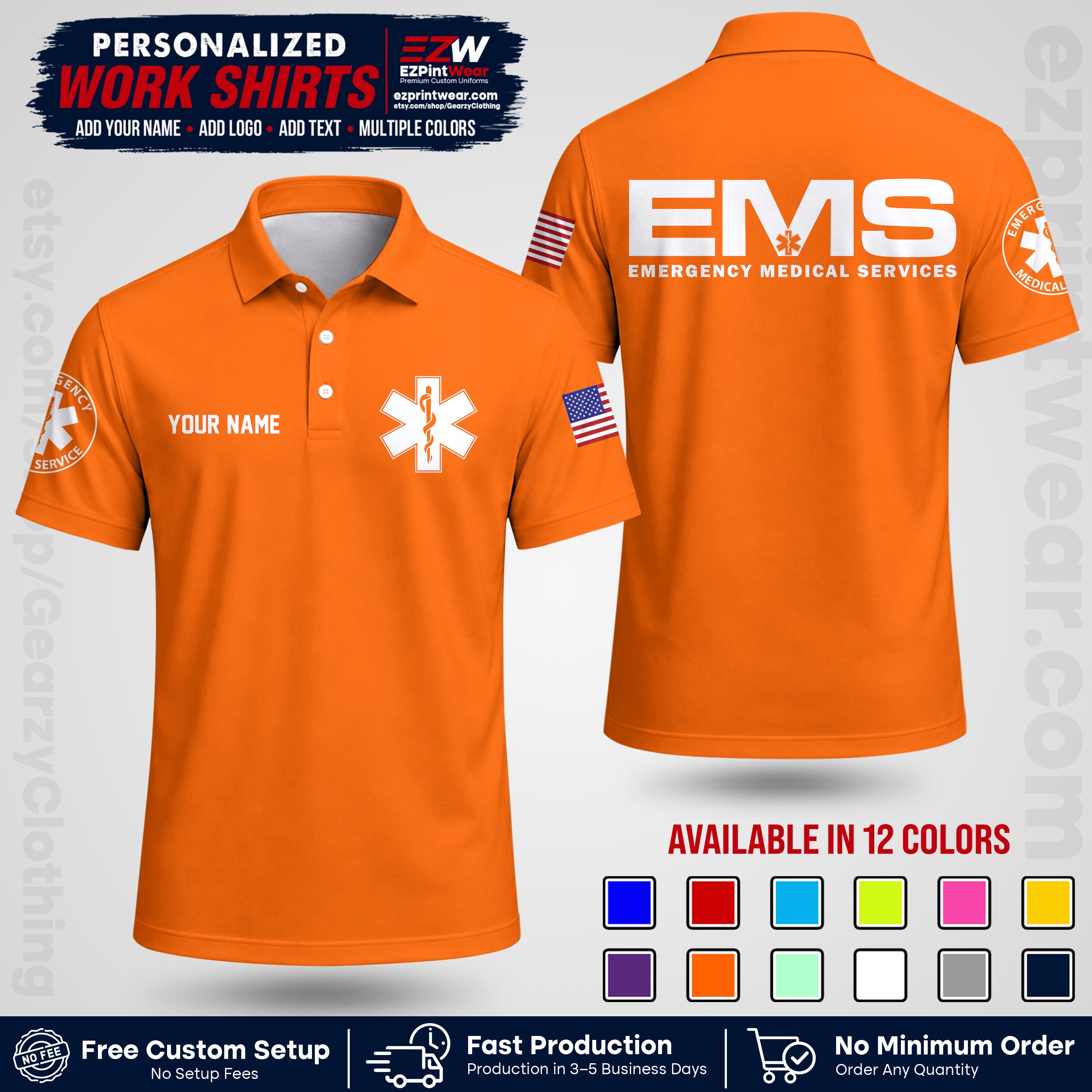 Custom EMS Shirt with Name, Logo & Text | EMS Team Uniform | First Responder Workwear EMSU01