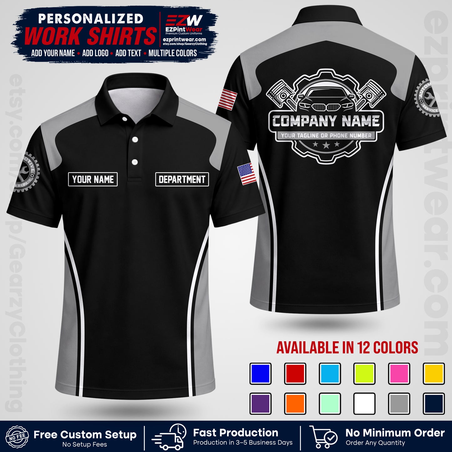 Custom Mechanic Work Shirt with Name, Logo & Text | Auto Shop Uniform | Workwear MCN 10