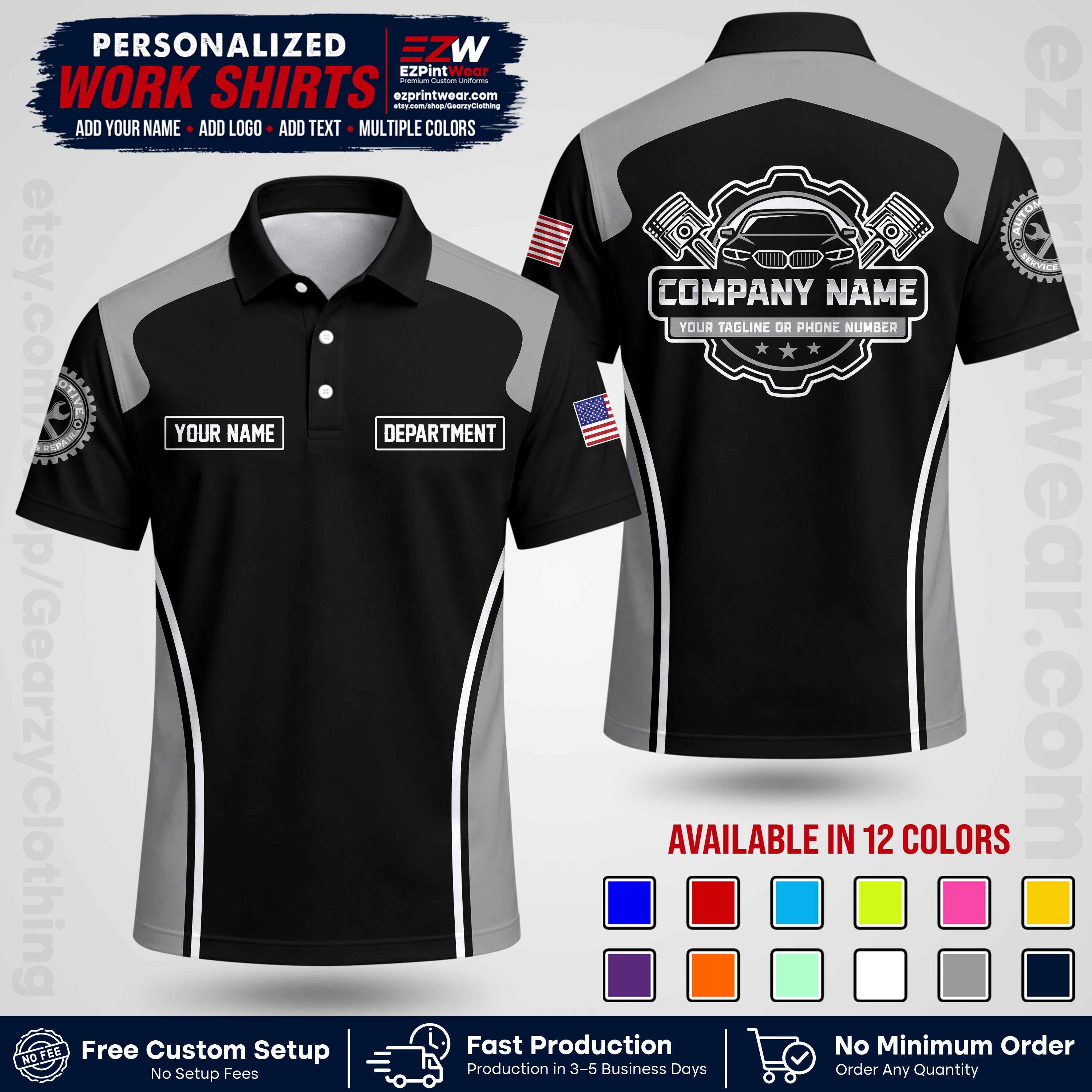 Custom Mechanic Work Shirt with Name, Logo & Text | Auto Shop Uniform | Workwear MCN 10