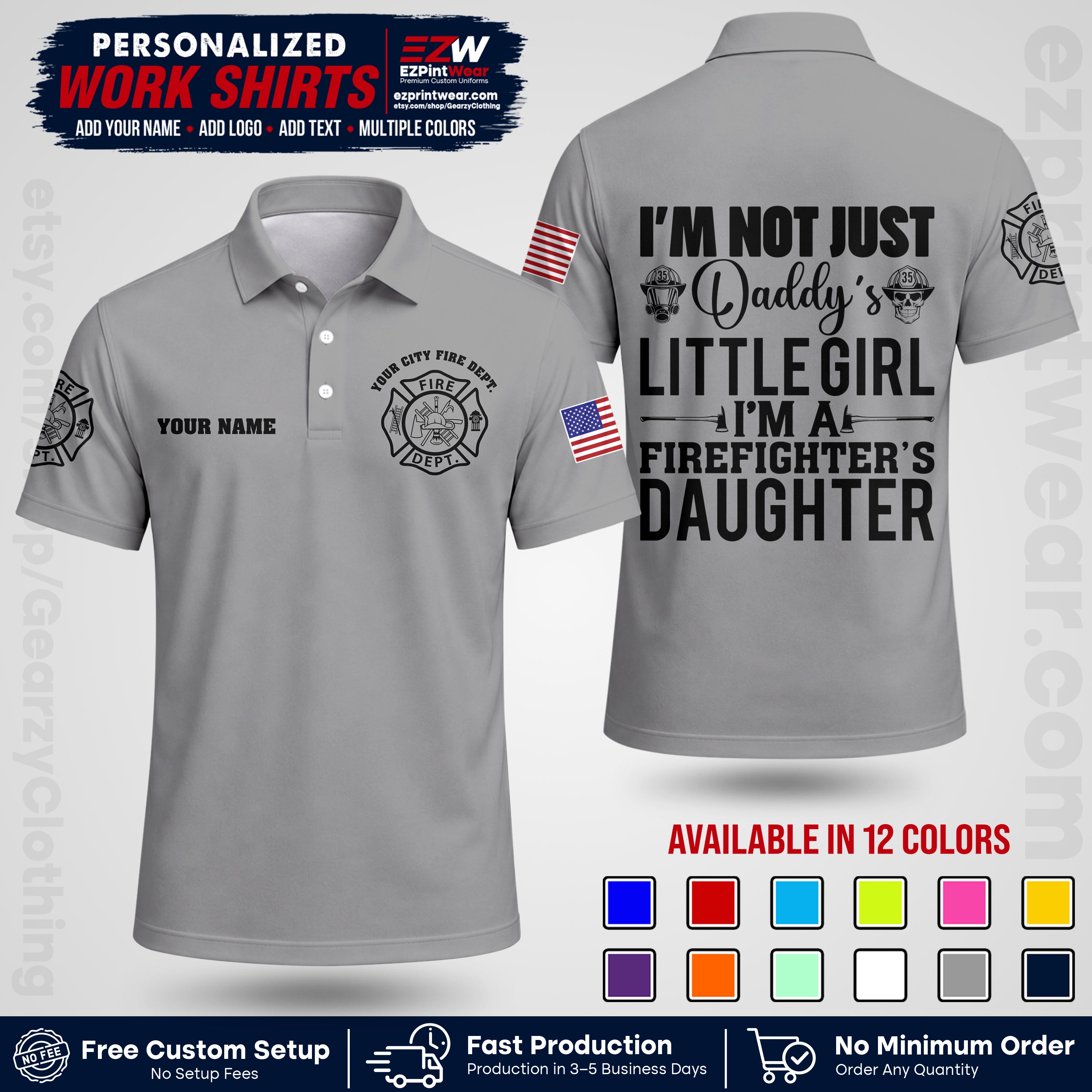Custom Fire Department Shirt with Name, City Logo & Text | Firefighter Uniform | Button Up Work Shirt FF08