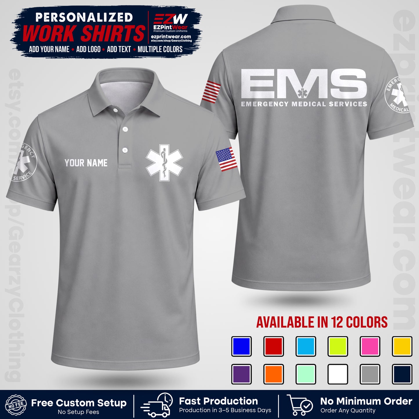 Custom EMS Shirt with Name, Logo & Text | EMS Team Uniform | First Responder Workwear EMSU01