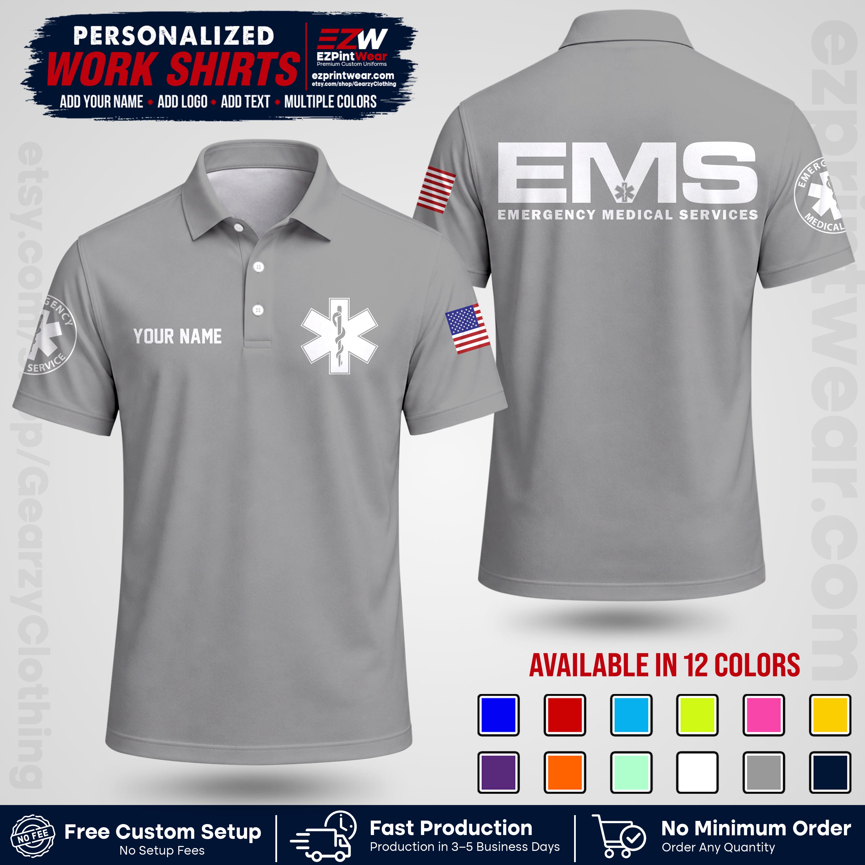 Custom EMS Shirt with Name, Logo & Text | EMS Team Uniform | First Responder Workwear EMSU01