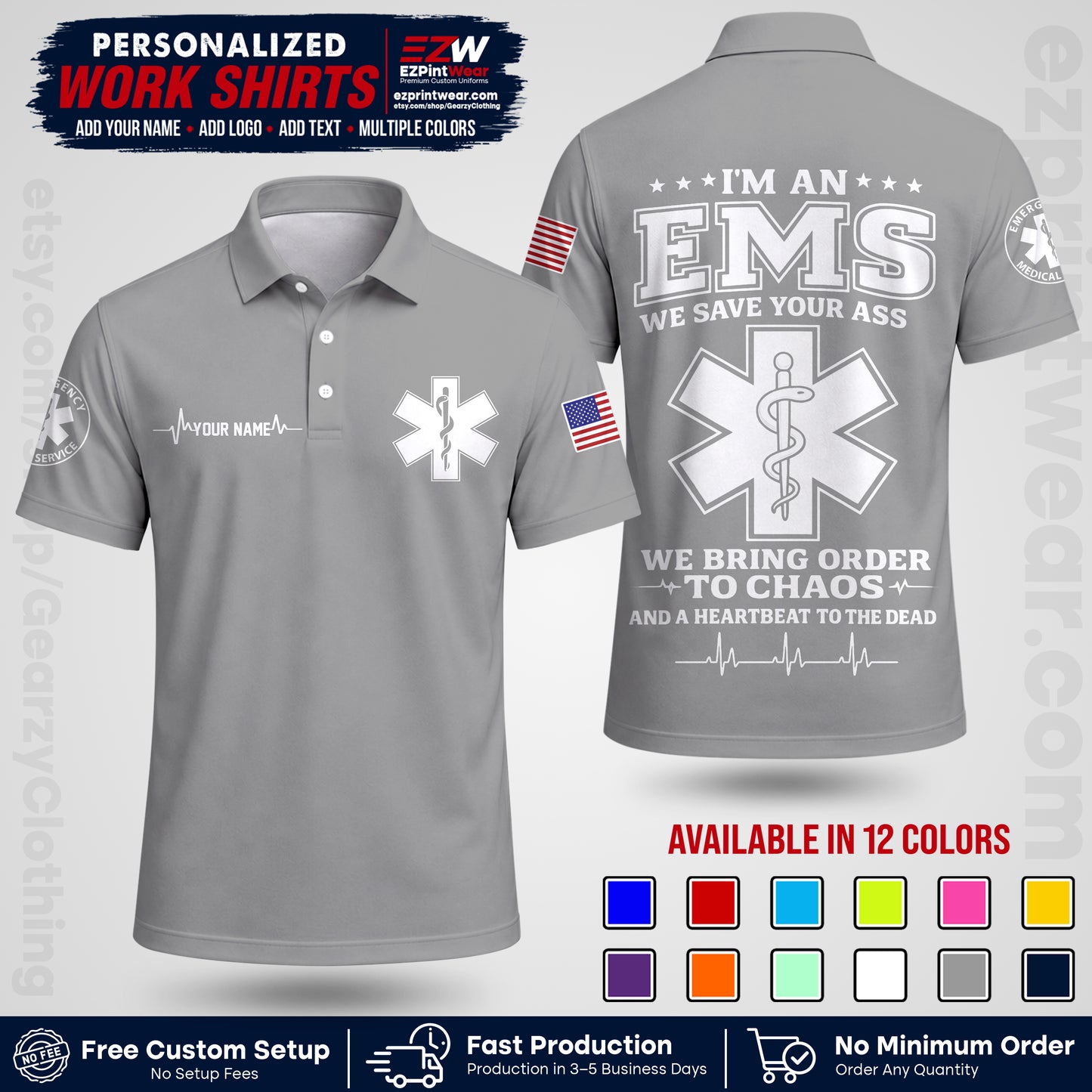 Custom EMS Shirt with Name, Logo & Text | EMS Team Uniform | First Responder Workwear EMSU05