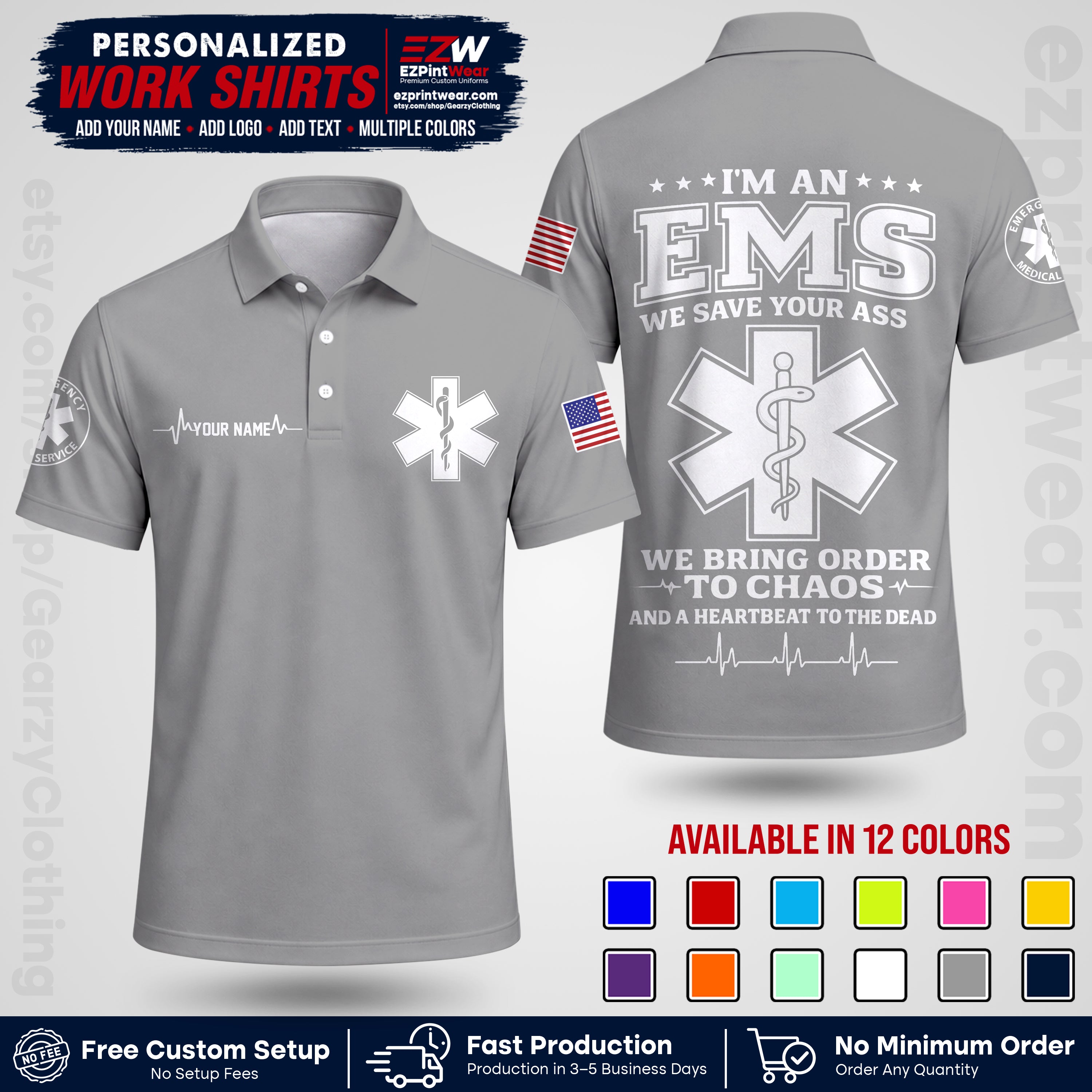 Custom EMS Shirt with Name, Logo & Text | EMS Team Uniform | First Responder Workwear EMSU05