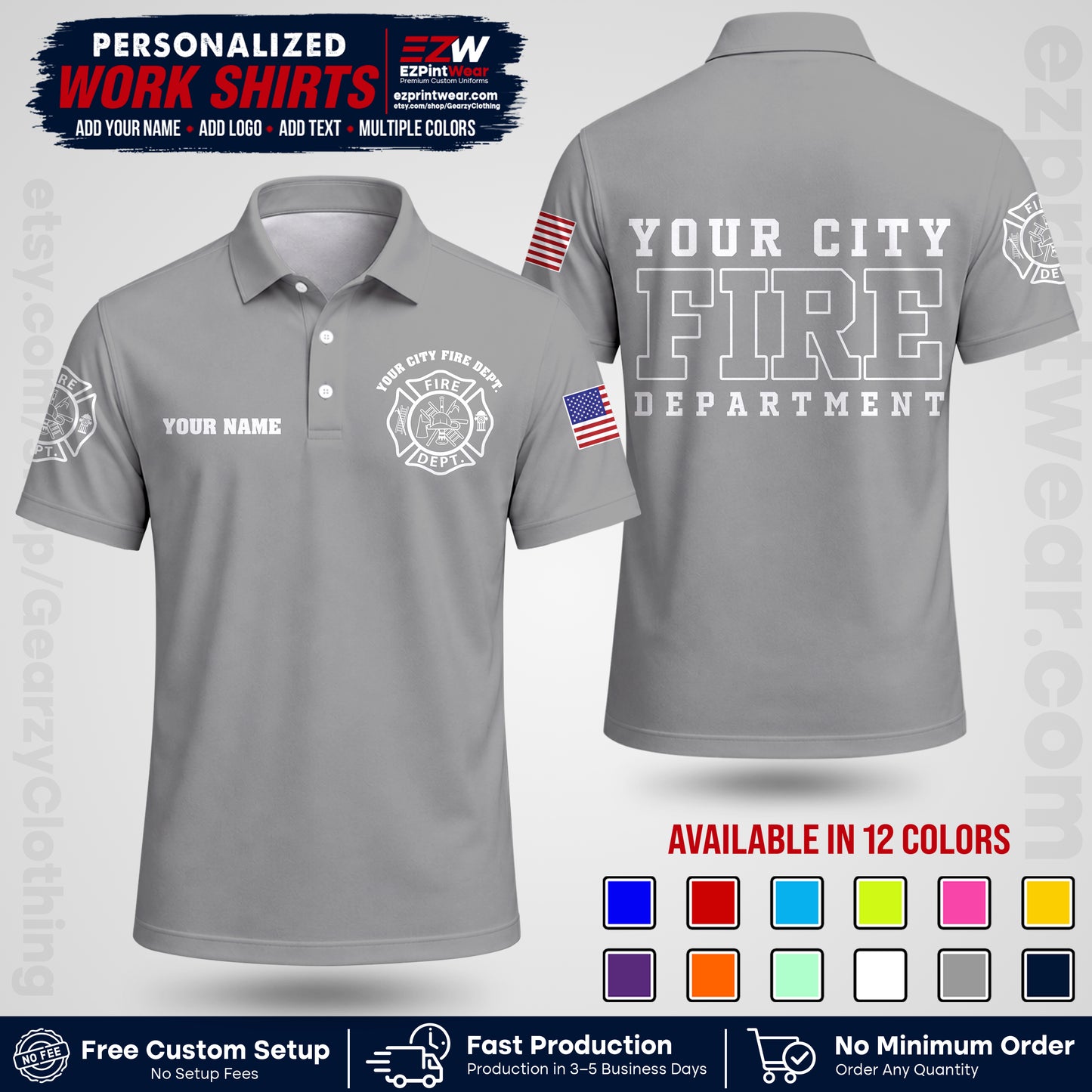 Custom Fire Department Shirt with Name, City Logo & Text | Firefighter Uniform | Button Up Work Shirt FF01