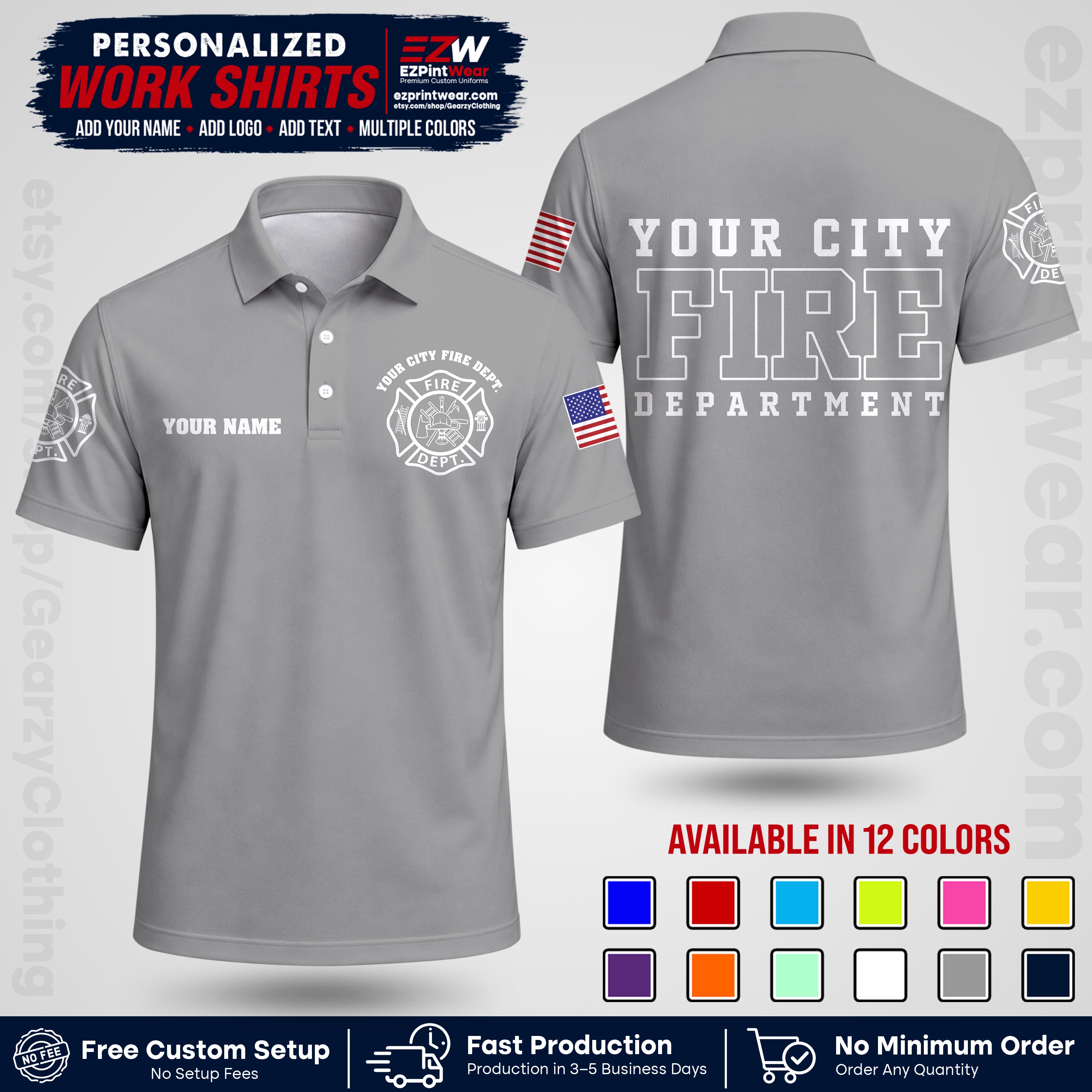 Custom Fire Department Shirt with Name, City Logo & Text | Firefighter Uniform | Button Up Work Shirt FF01