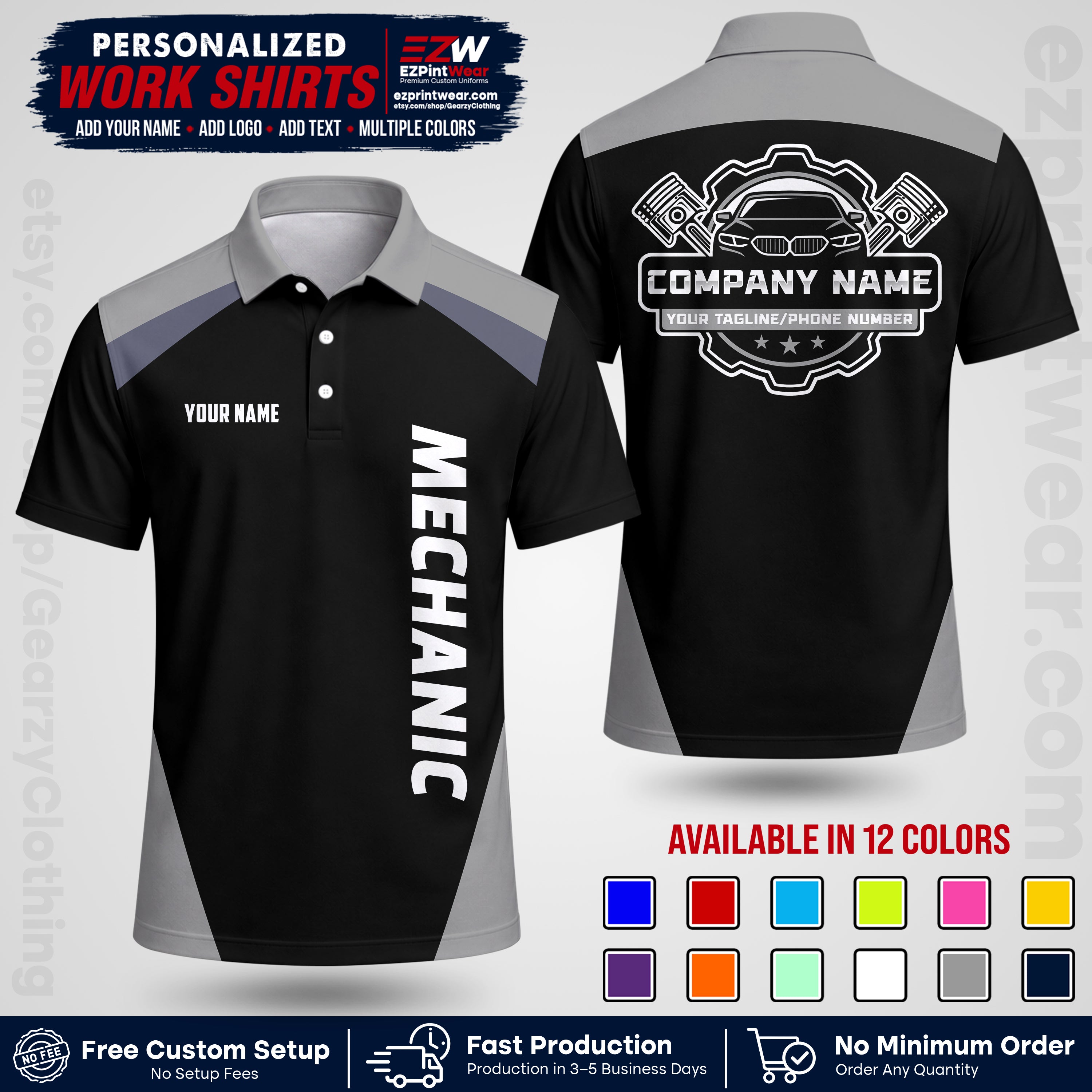 Custom Mechanic Work Shirt with Name, Logo & Text | Auto Shop Uniform | Workwear MCN 02