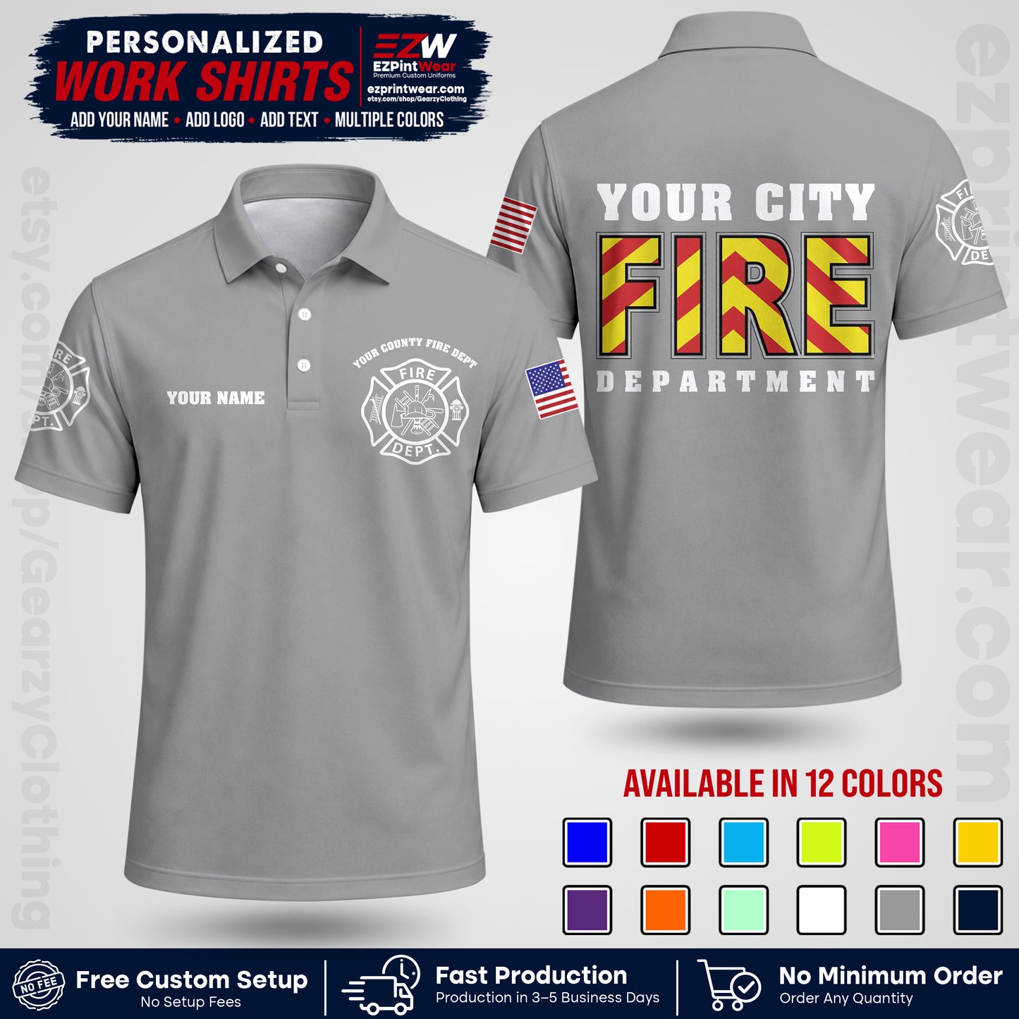 Custom Fire Department Shirt with Name, City Logo & Text | Firefighter Uniform | Button Up Work Shirt FF05