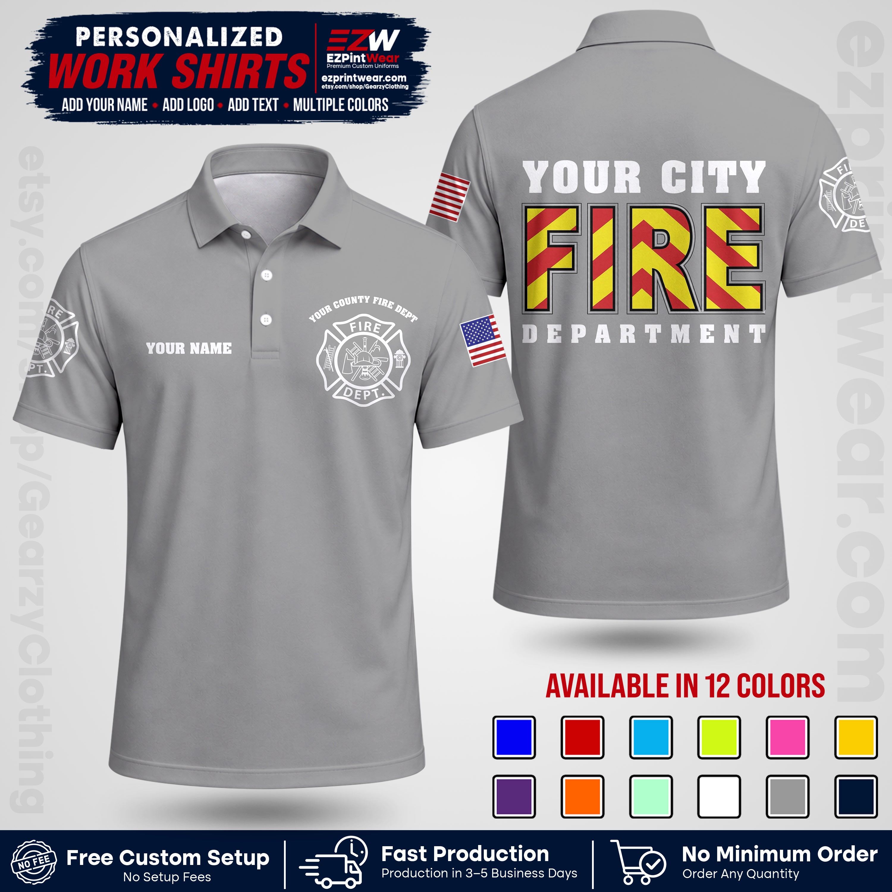 Custom Fire Department Shirt with Name, City Logo & Text | Firefighter Uniform | Button Up Work Shirt FF05