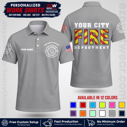 Custom Fire Department Shirt with Name, City Logo & Text | Firefighter Uniform | Button Up Work Shirt FF05