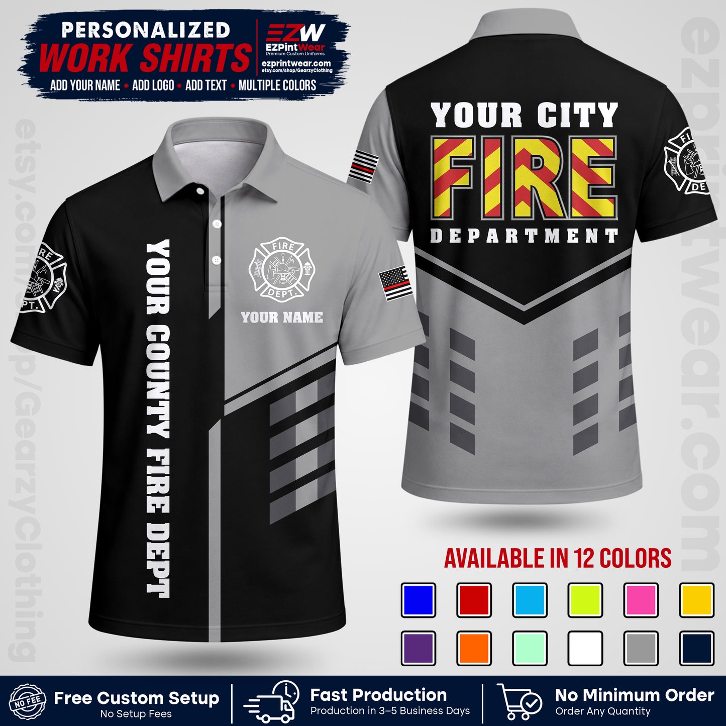 Custom Fire Department Shirt with Name, City Logo & Text | Firefighter Uniform | Button Up Work Shirt FF06