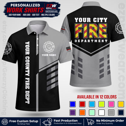 Custom Fire Department Shirt with Name, City Logo & Text | Firefighter Uniform | Button Up Work Shirt FF06