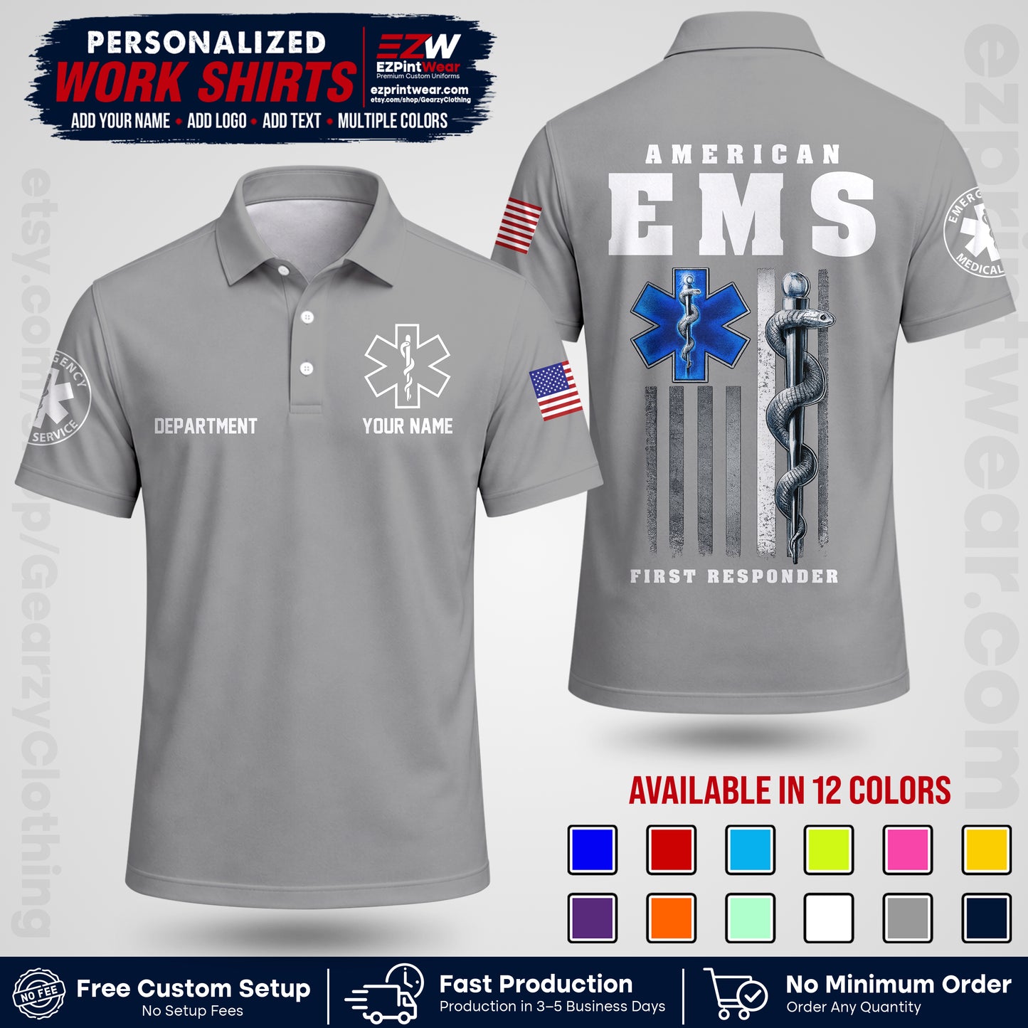 Custom EMS Shirt with Name, Logo & Text | EMS Team Uniform | First Responder Workwear EMSU03