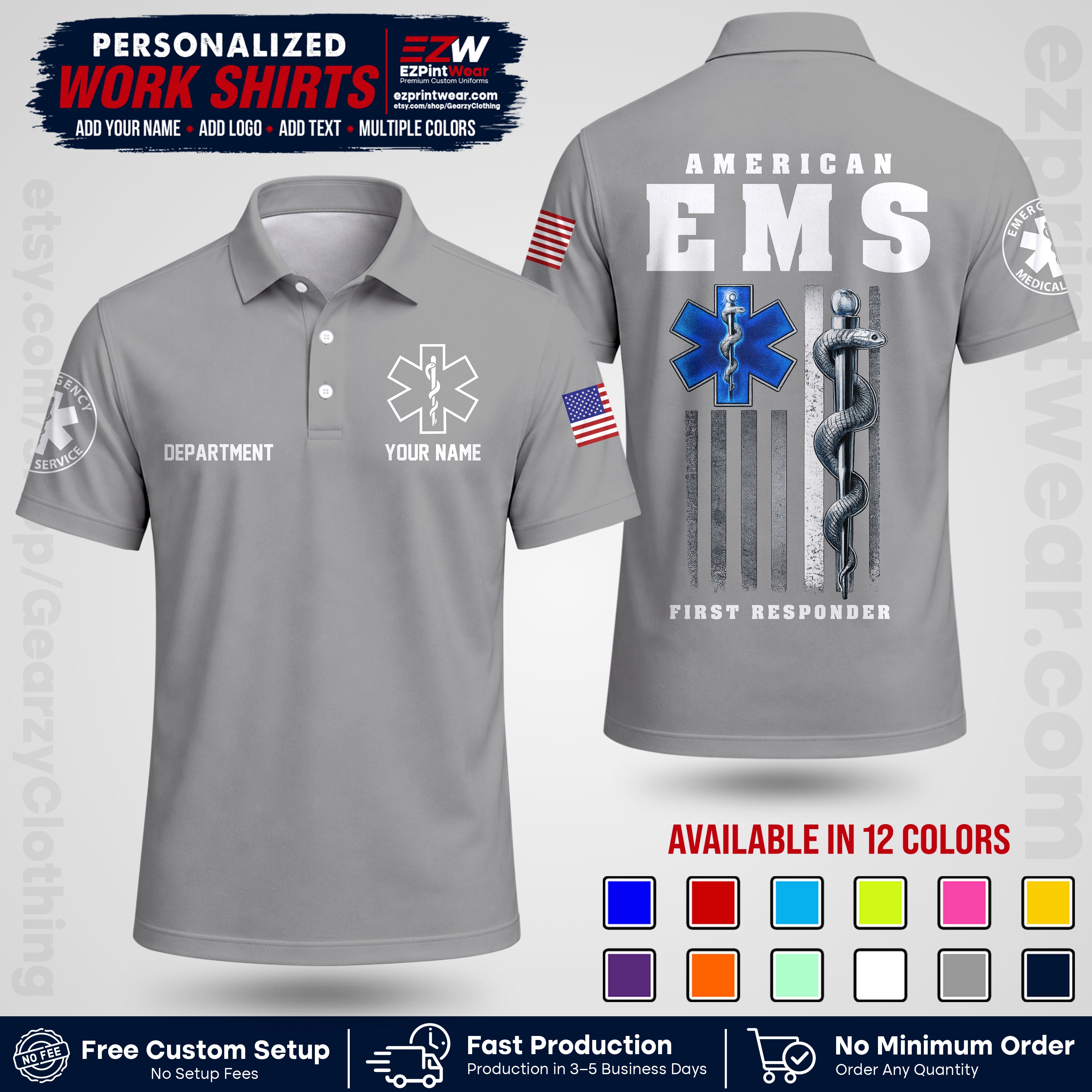 Custom EMS Shirt with Name, Logo & Text | EMS Team Uniform | First Responder Workwear EMSU03