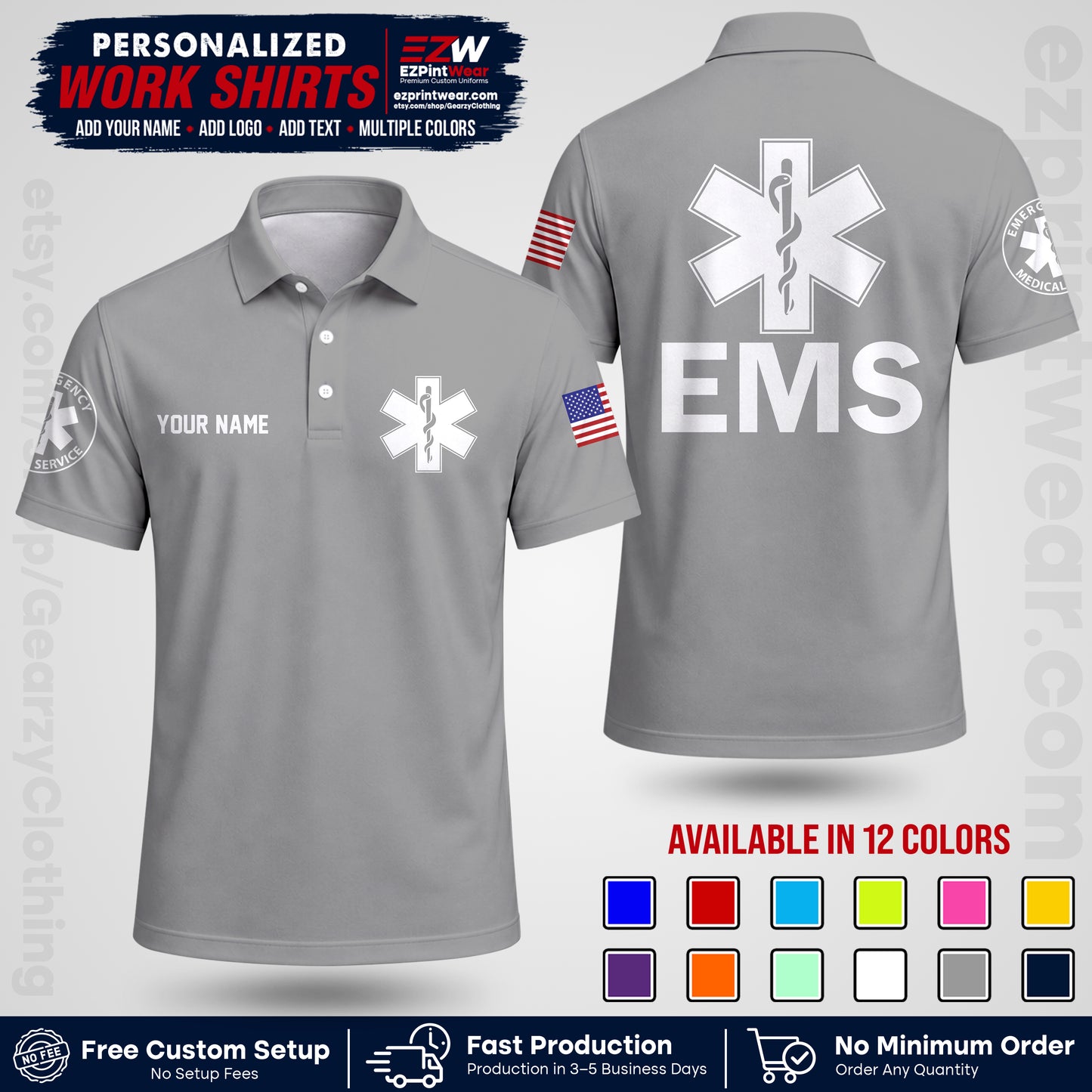 Custom EMS Shirt with Name, Logo & Text | EMS Team Uniform | First Responder Workwear EMSU02