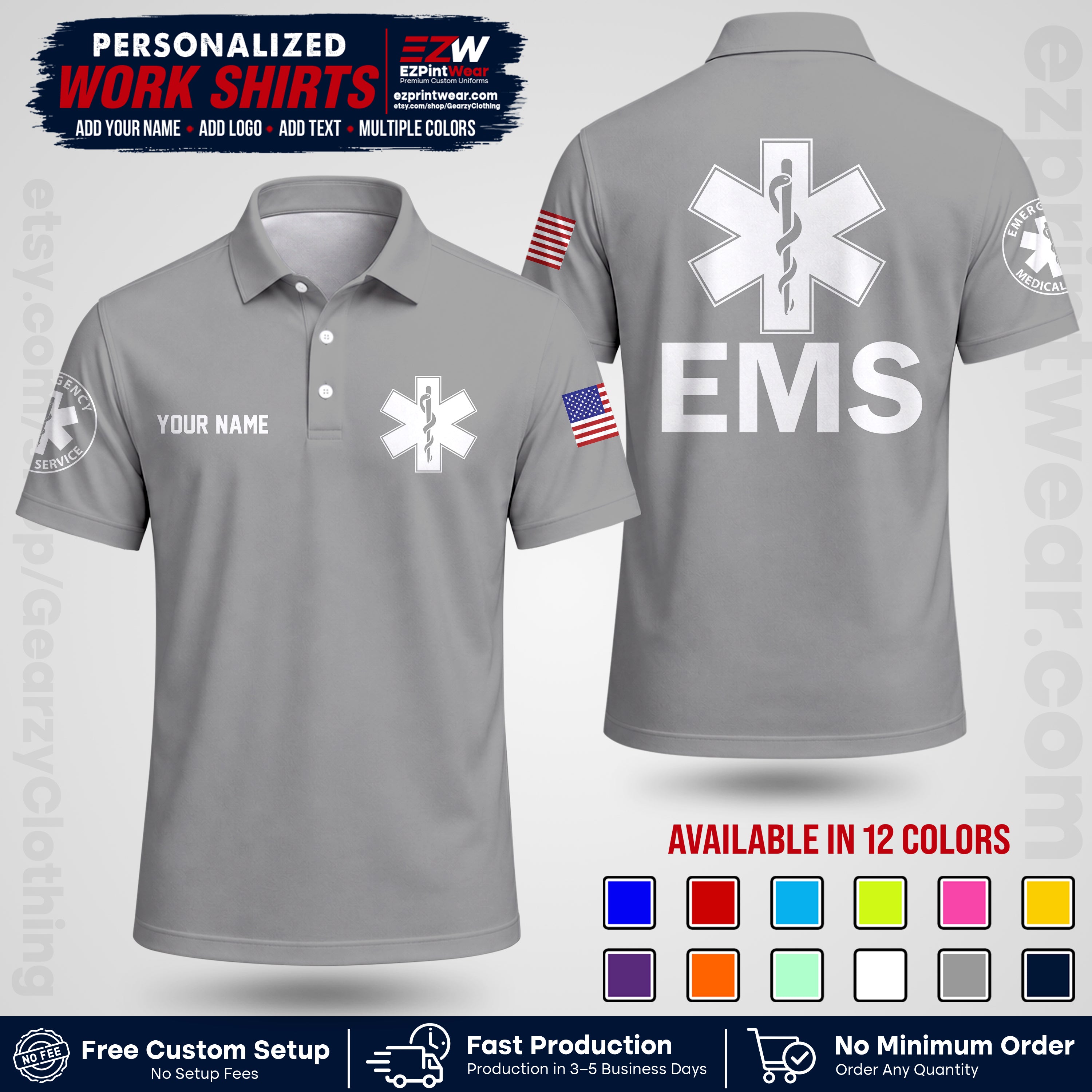 Custom EMS Shirt with Name, Logo & Text | EMS Team Uniform | First Responder Workwear EMSU02