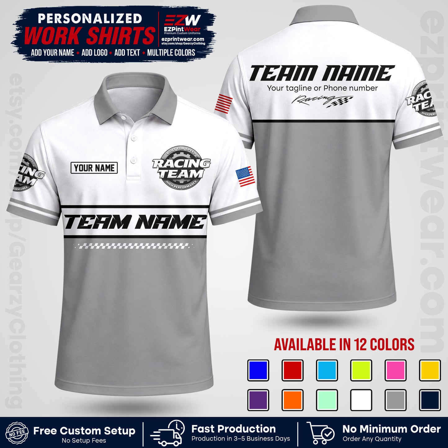 Custom Racing Shirt with Name, Logo & Text | Race Team Uniform | Crew Apparel RC12