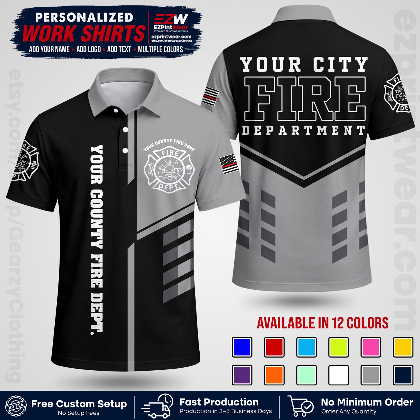 Custom Fire Department Shirt with Name, City Logo & Text | Firefighter Uniform | Button Up Work Shirt FF03