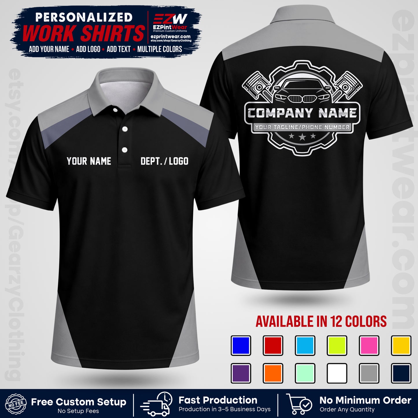 Custom Mechanic Work Shirt with Name, Logo & Text | Auto Shop Uniform | Workwear MCN 03