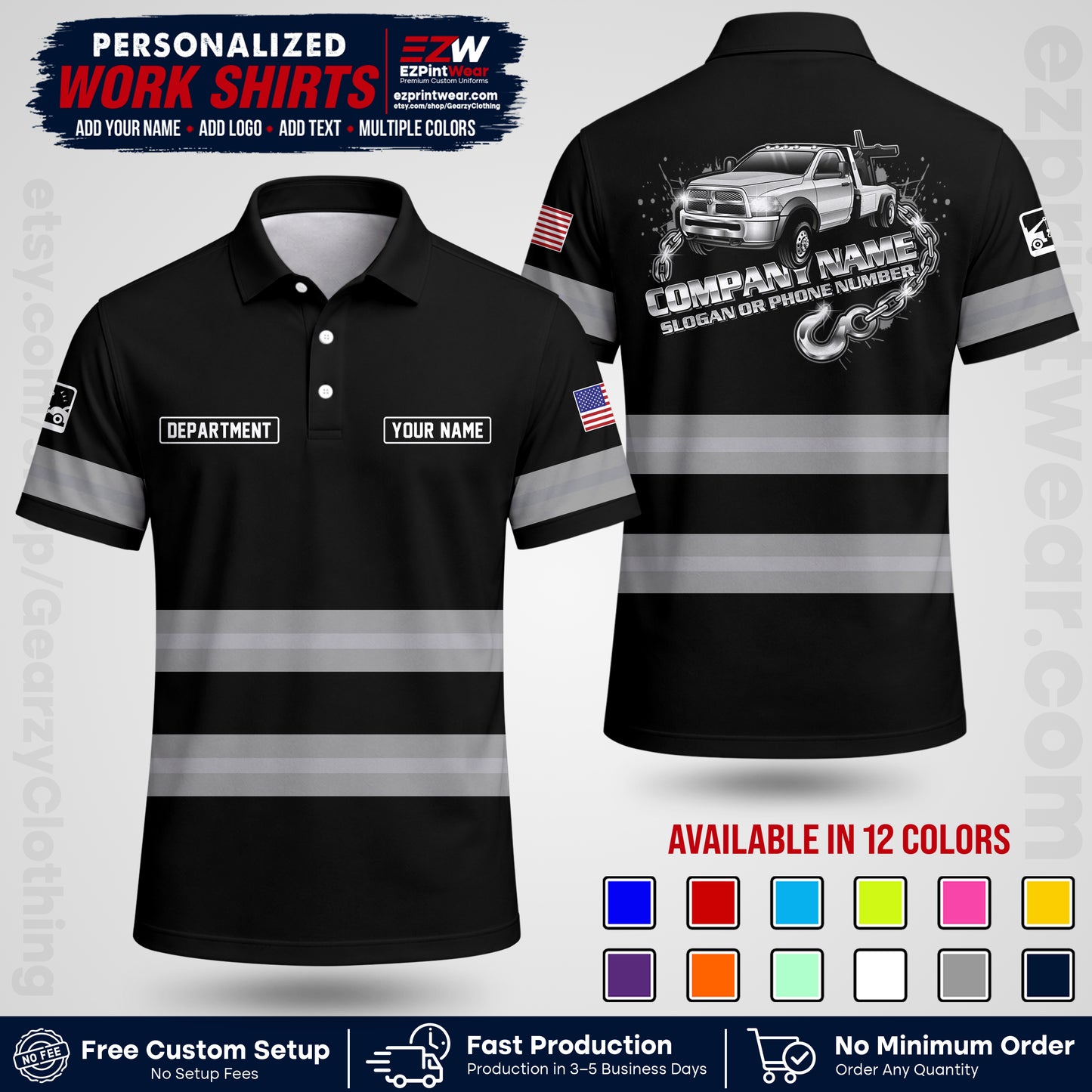 Custom Towing Workwear Uniform | Personalized Tow Truck Shirt | Non-Reflective Safety Stripe Apparel | Custom Towing Shirt | Tow Truck Apparel TW05