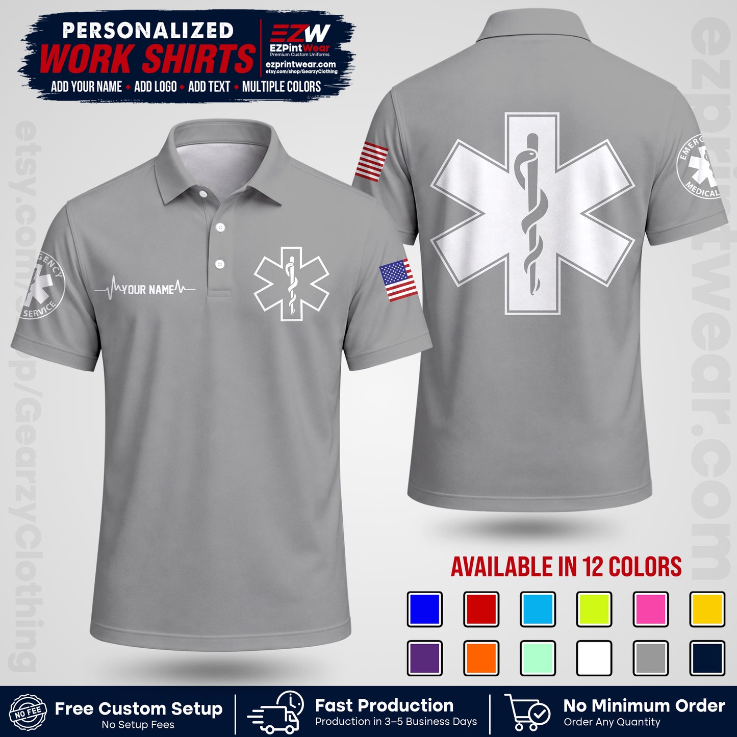 Custom EMS Shirt with Name, Logo & Text | EMS Team Uniform | First Responder Workwear EMSU04