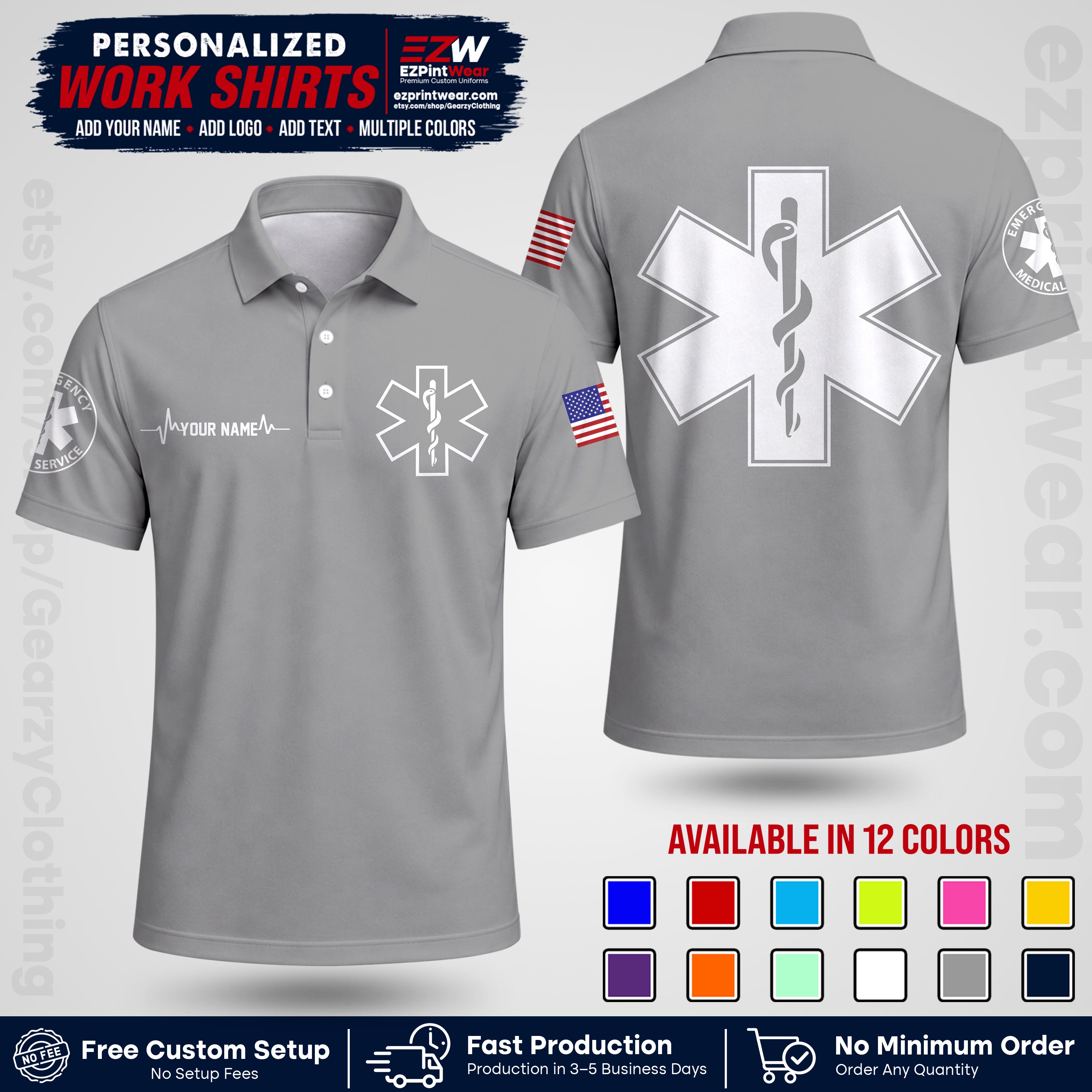 Custom EMS Shirt with Name, Logo & Text | EMS Team Uniform | First Responder Workwear EMSU04