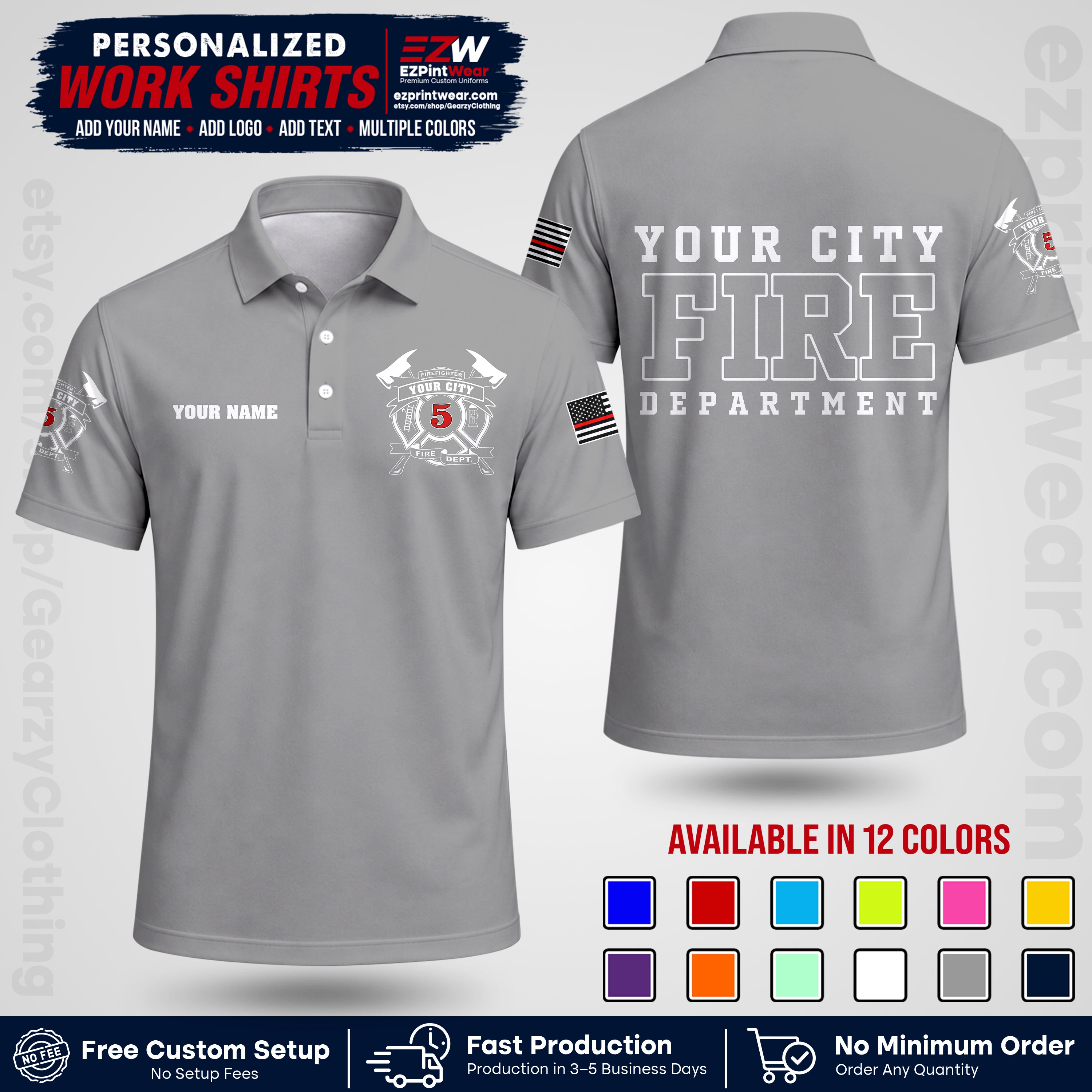Custom Fire Department Shirt with Name, City Logo & Text | Firefighter Uniform | Button Up Work Shirt FF07